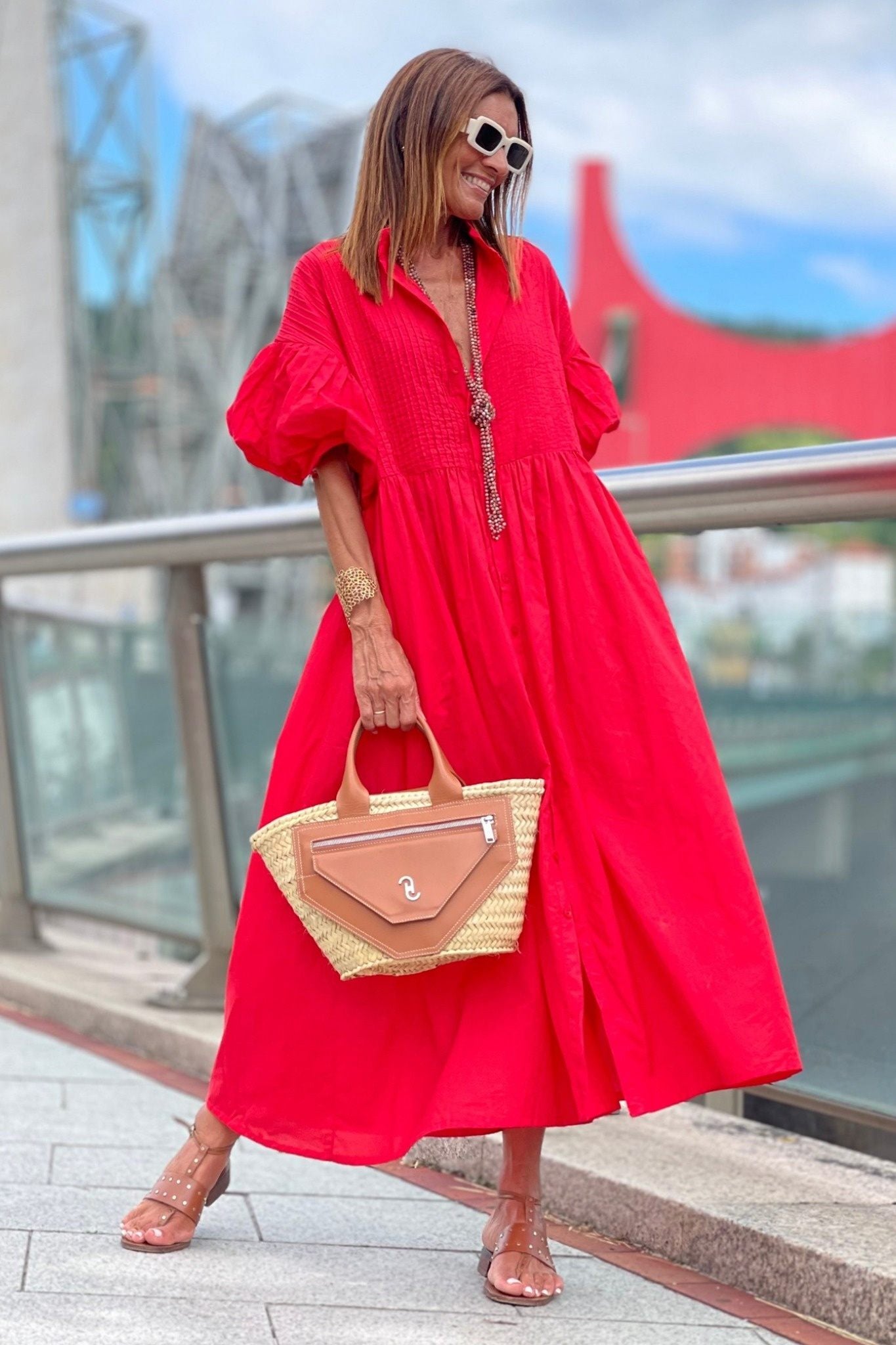 Ezabutus Oversized Puff Sleeve Cotton Midi Shirt Dress With Pockets