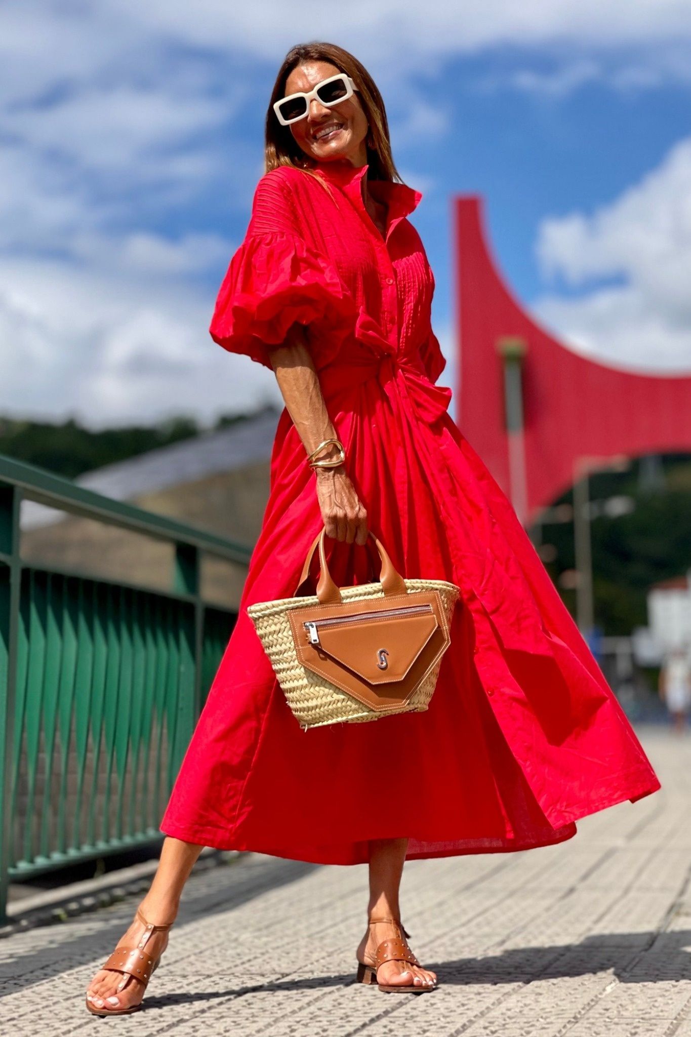 Ezabutus Oversized Puff Sleeve Cotton Midi Shirt Dress With Pockets