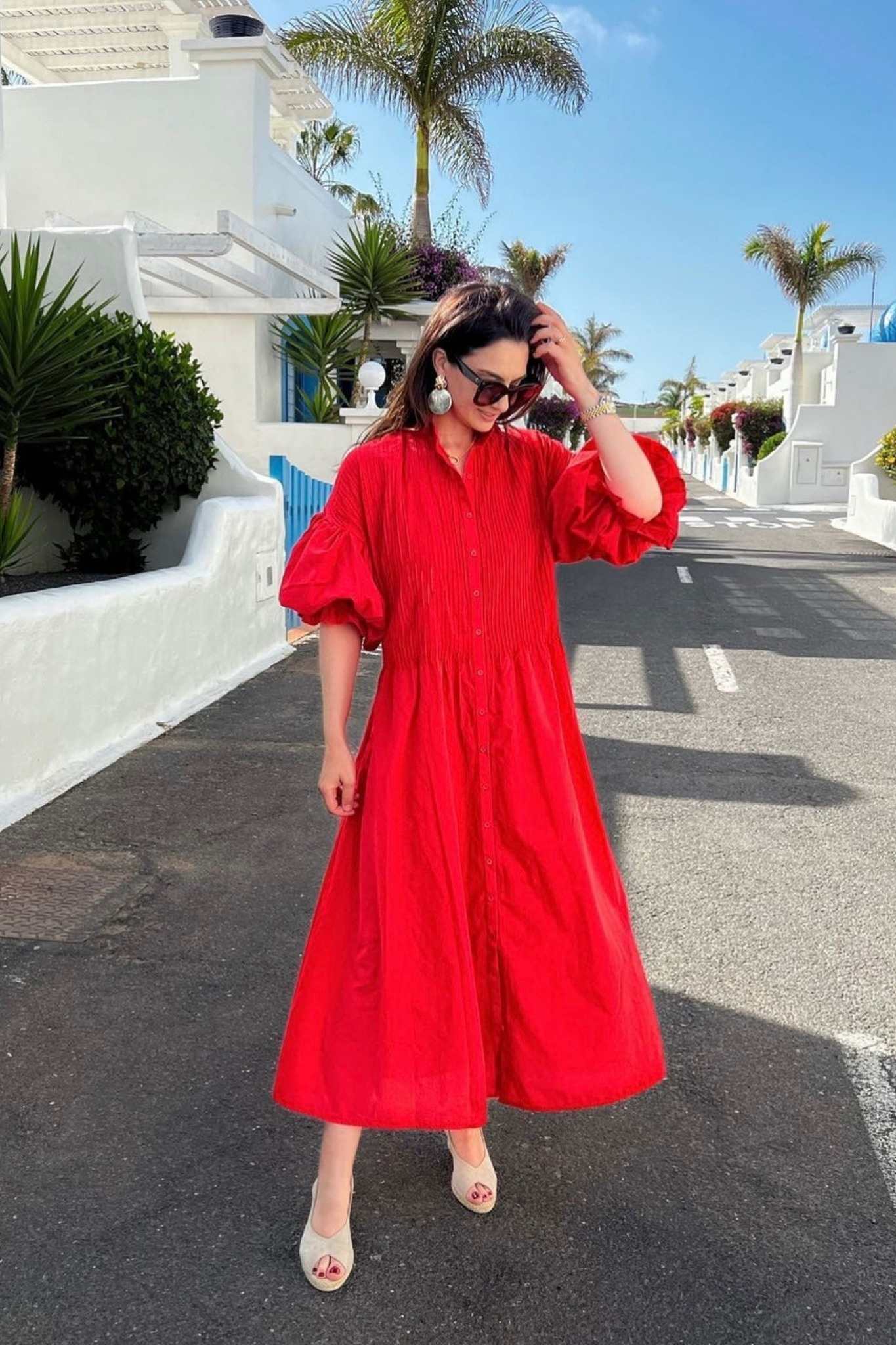 Ezabutus Oversized Puff Sleeve Cotton Midi Shirt Dress With Pockets