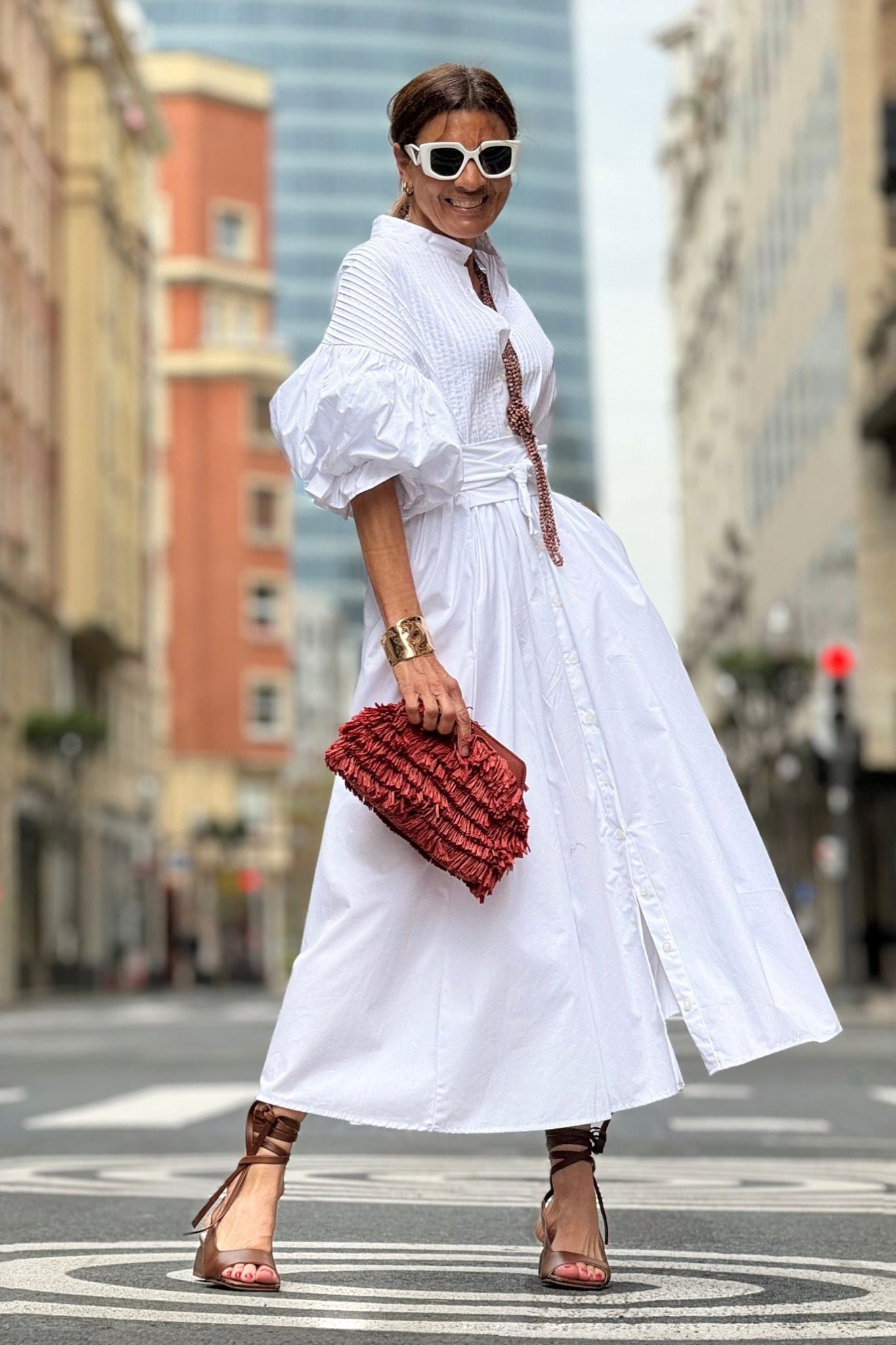 Ezabutus Oversized Puff Sleeve Cotton Midi Shirt Dress With Pockets