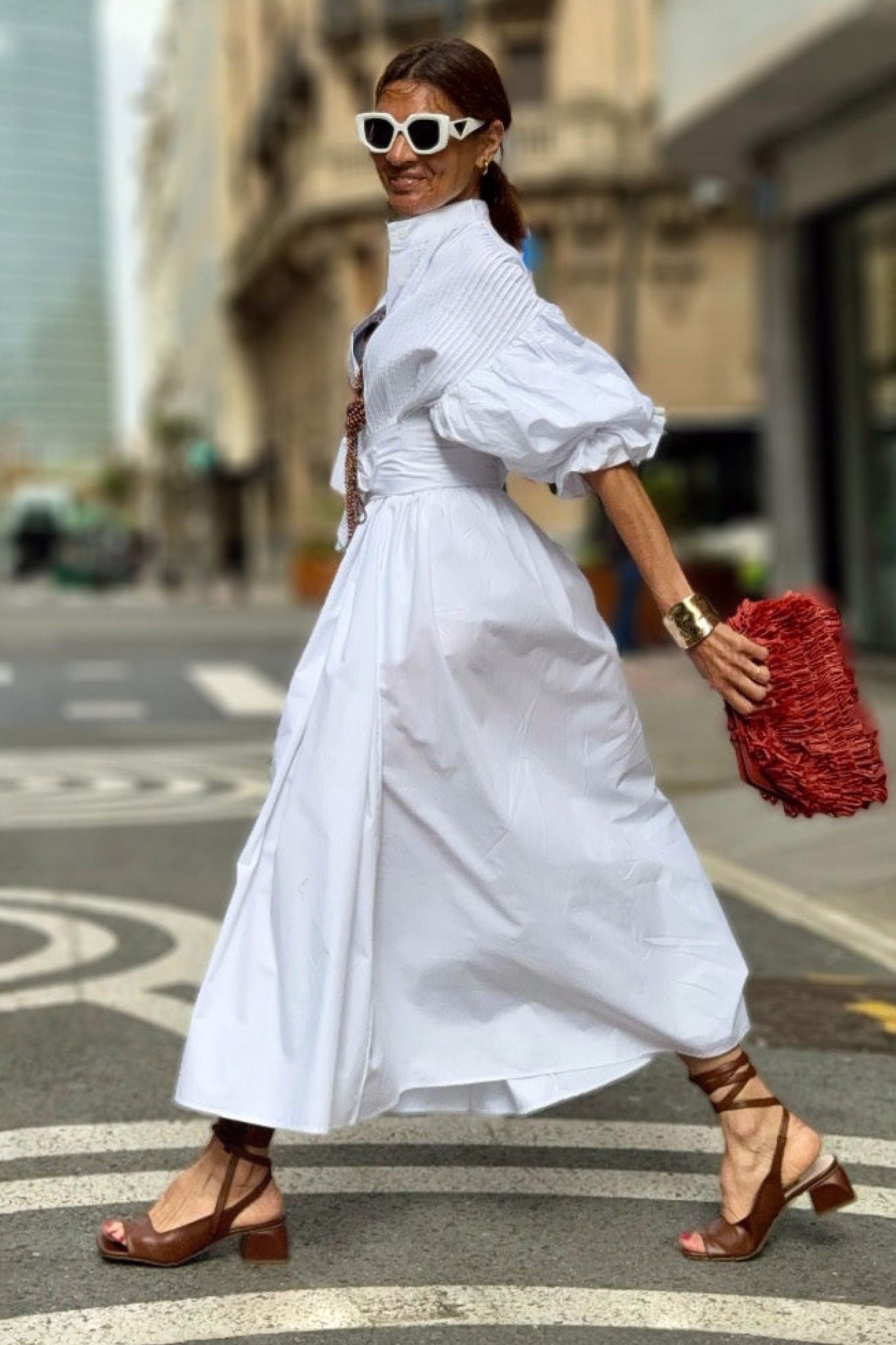 Ezabutus Oversized Puff Sleeve Cotton Midi Shirt Dress With Pockets