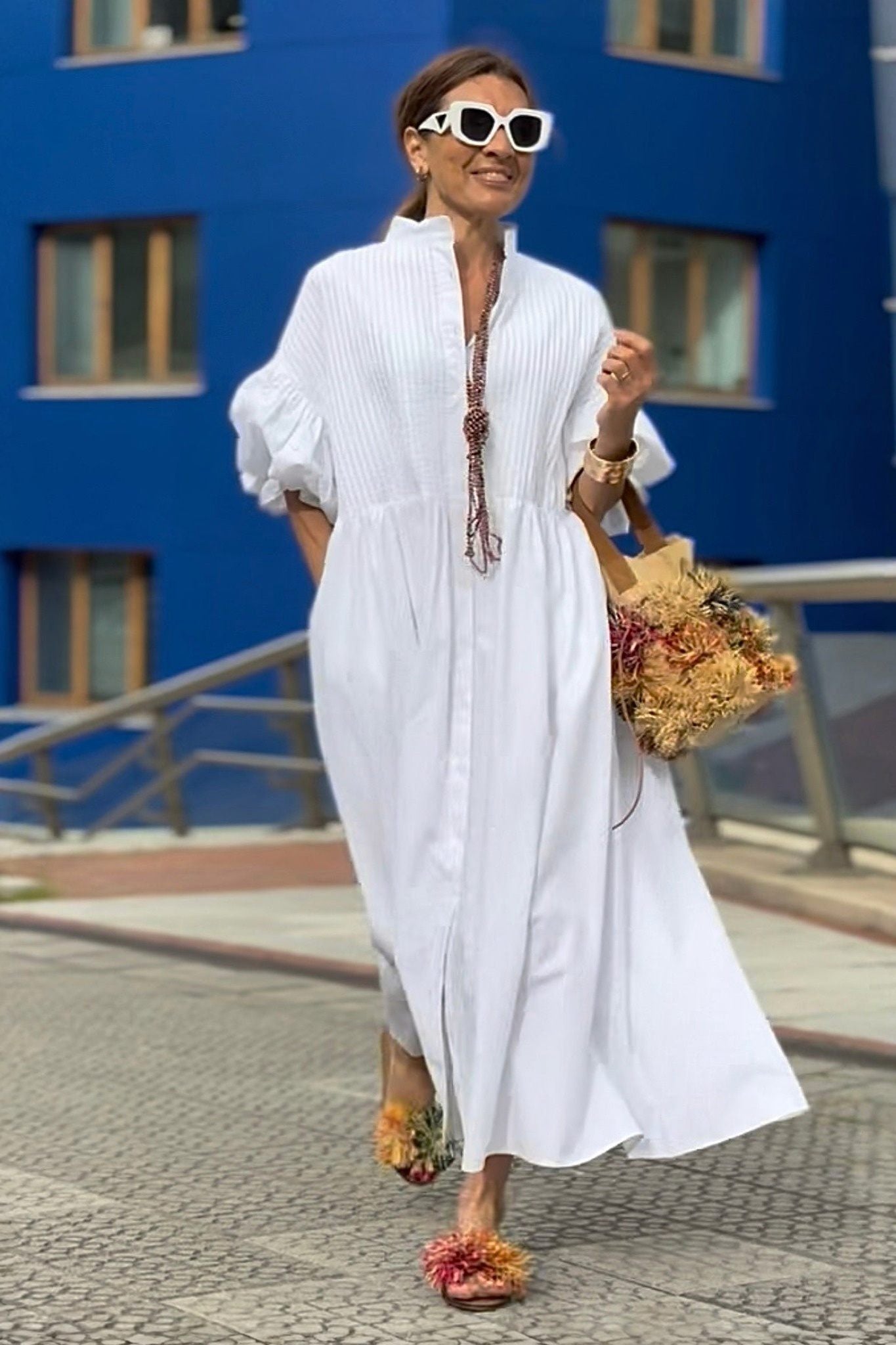 Ezabutus Oversized Puff Sleeve Cotton Midi Shirt Dress With Pockets