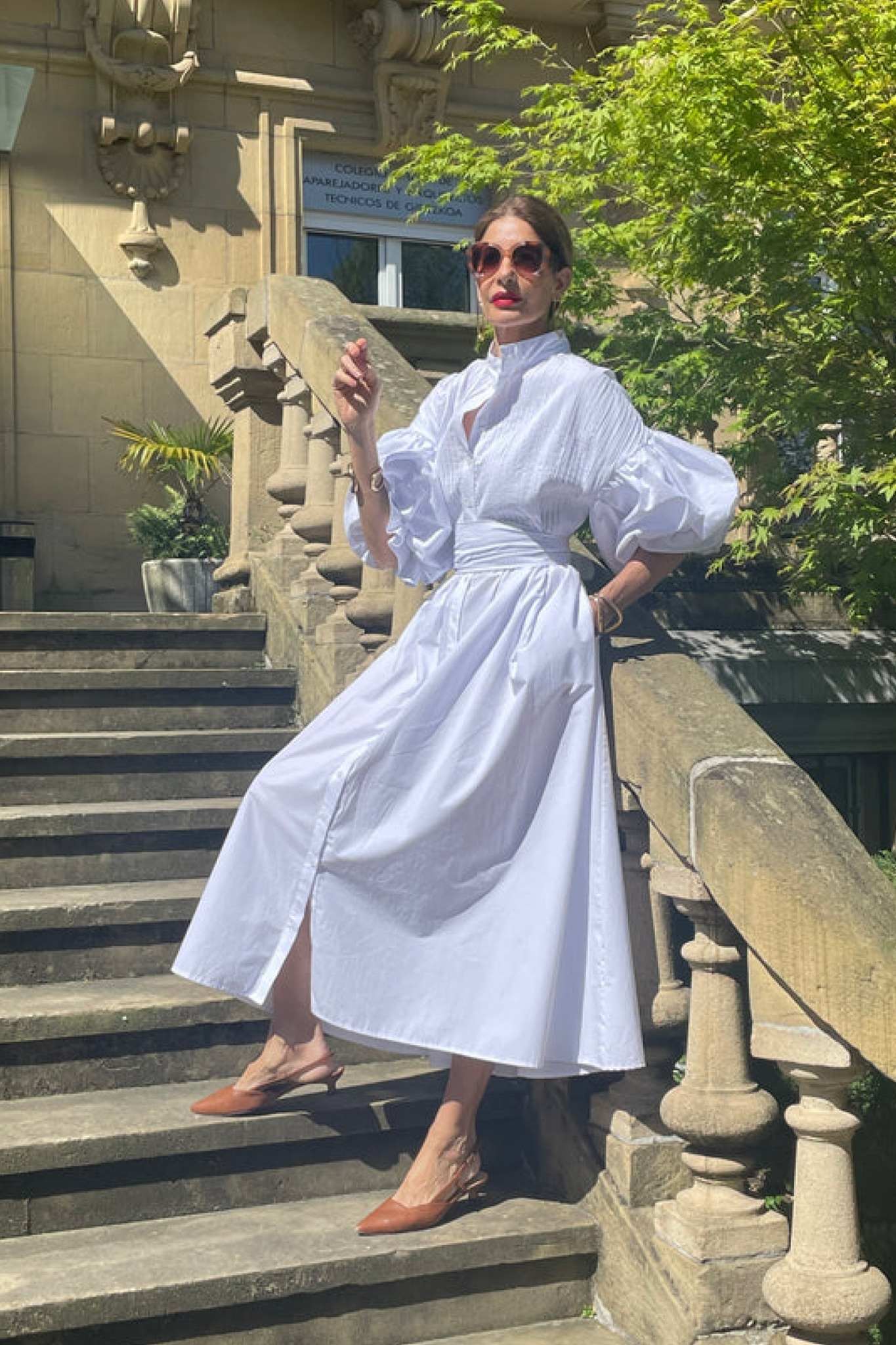 Ezabutus Oversized Puff Sleeve Cotton Midi Shirt Dress With Pockets