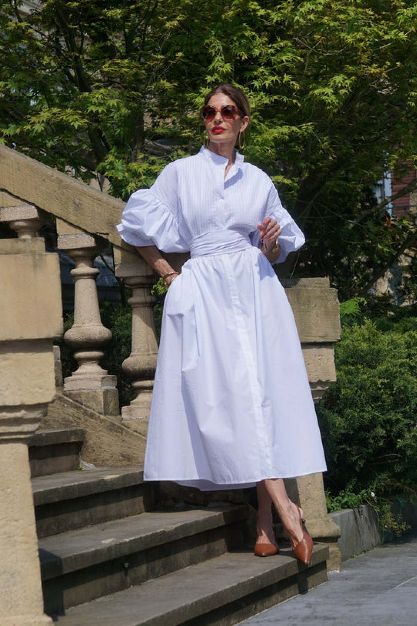 Ezabutus Oversized Puff Sleeve Cotton Midi Shirt Dress With Pockets