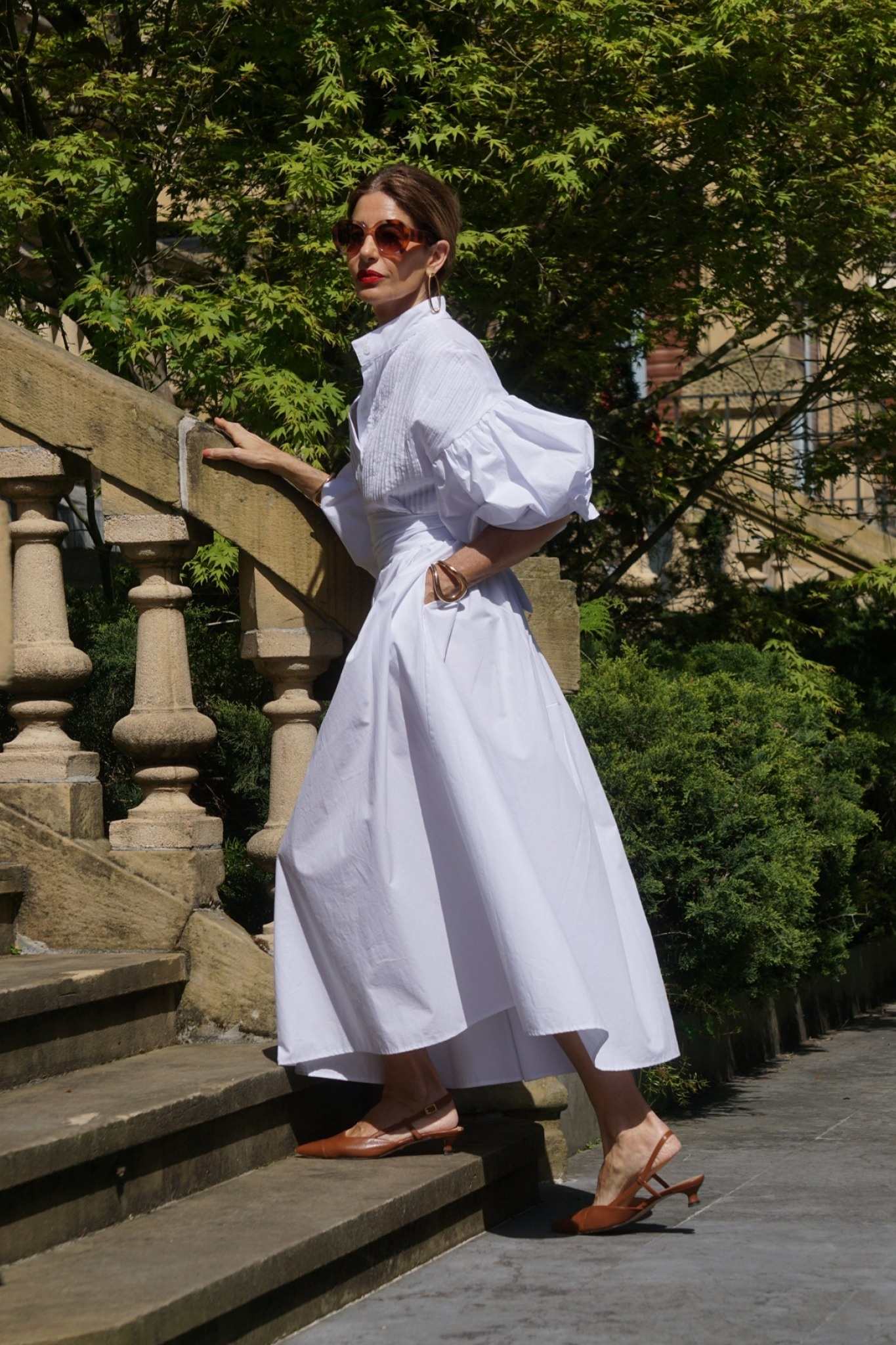 Ezabutus Oversized Puff Sleeve Cotton Midi Shirt Dress With Pockets