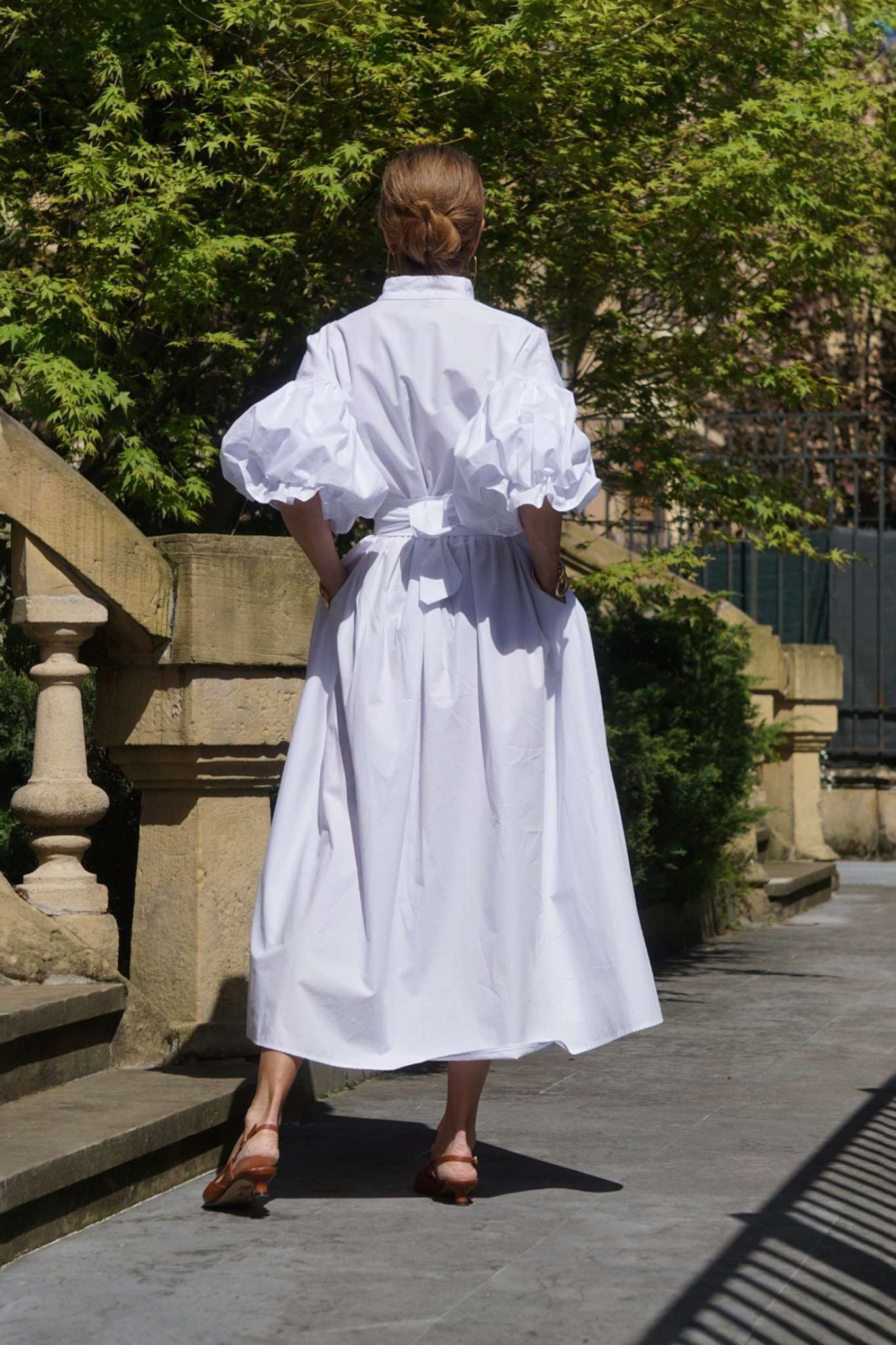 Ezabutus Oversized Puff Sleeve Cotton Midi Shirt Dress With Pockets