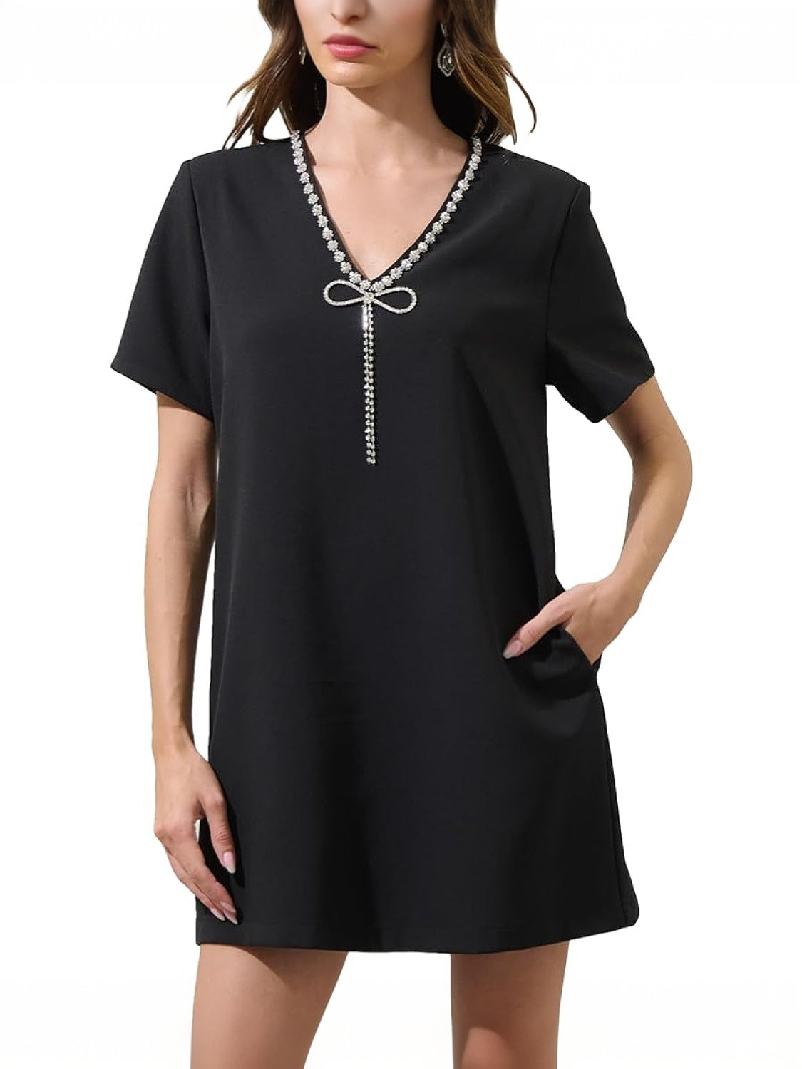 Yexpine V Neck Rhinestone Party Mini Dress With Bow
