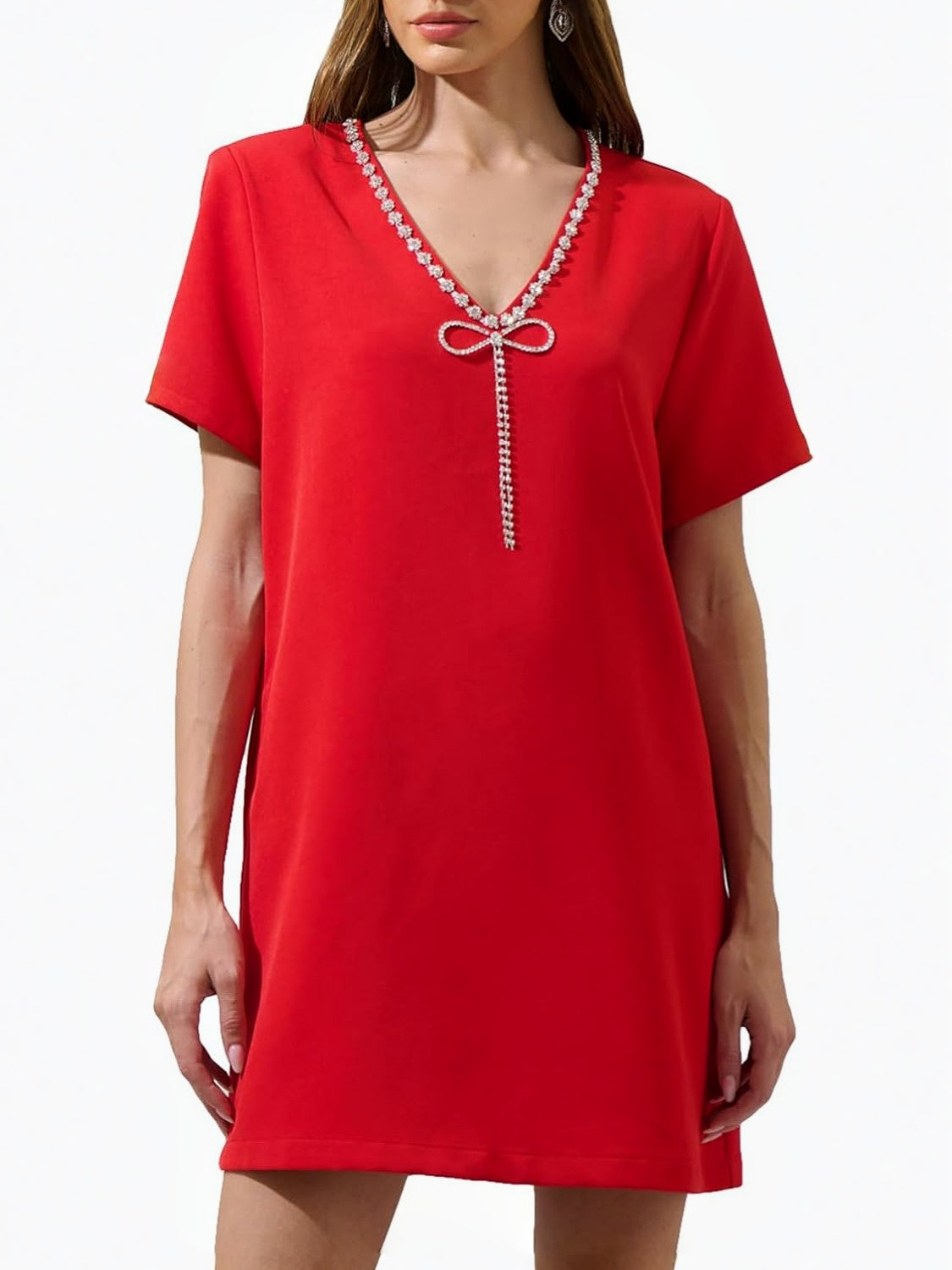 Yexpine V Neck Rhinestone Party Mini Dress With Bow