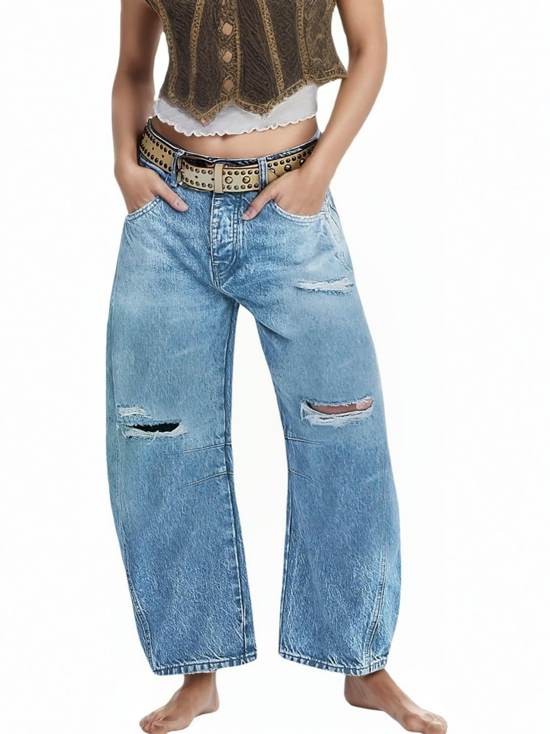 Lifeshe Low Rise Ripped Boyfriend Barrel Jeans