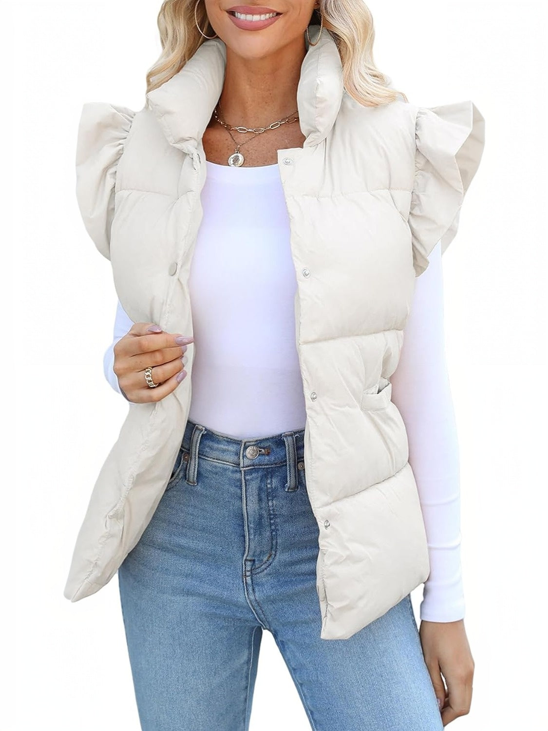 Kedera Ruffle Sleeve Puffer Vest With Pockets