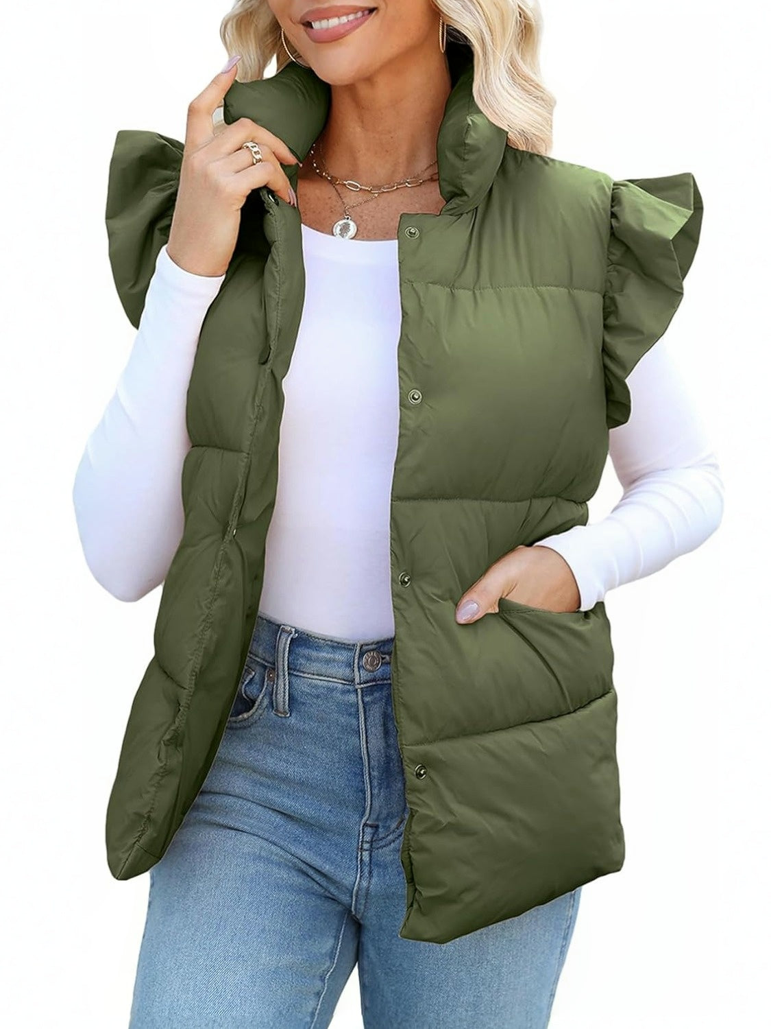 Kedera Ruffle Sleeve Puffer Vest With Pockets