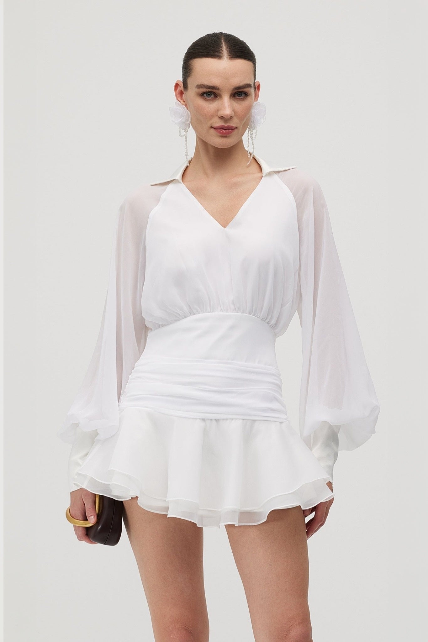 Ezabutus Elegant Sheer Sleeve Open Back Ruffled Hem Mini Dress