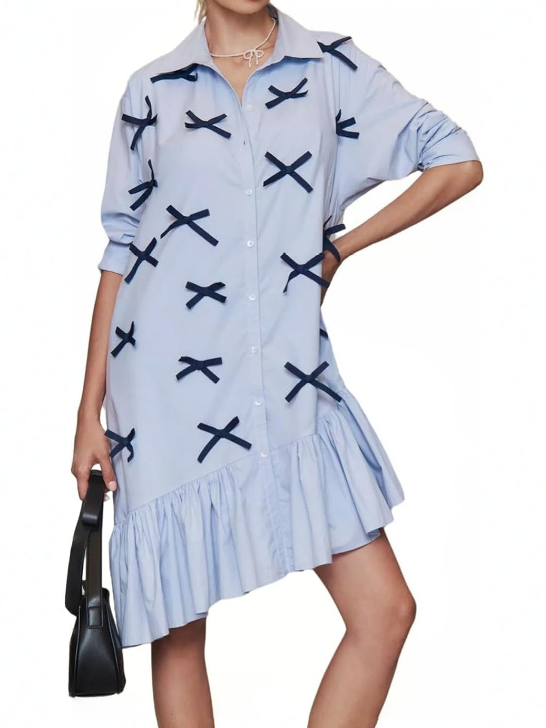 Ezapine Bow Tie Casual Collared Shirt Dress