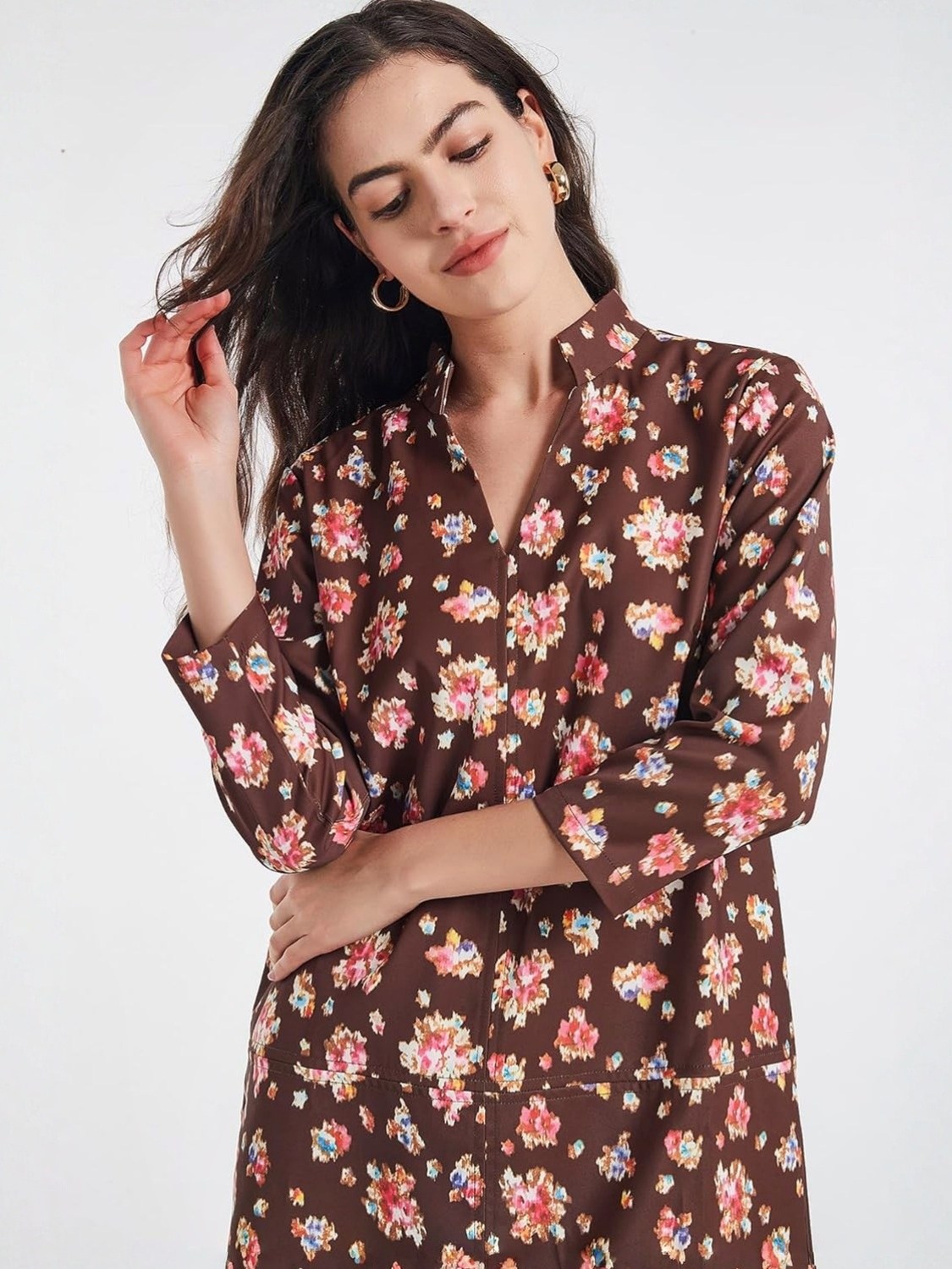 D-Sun Floral V Neck Mini Shirt Dress
