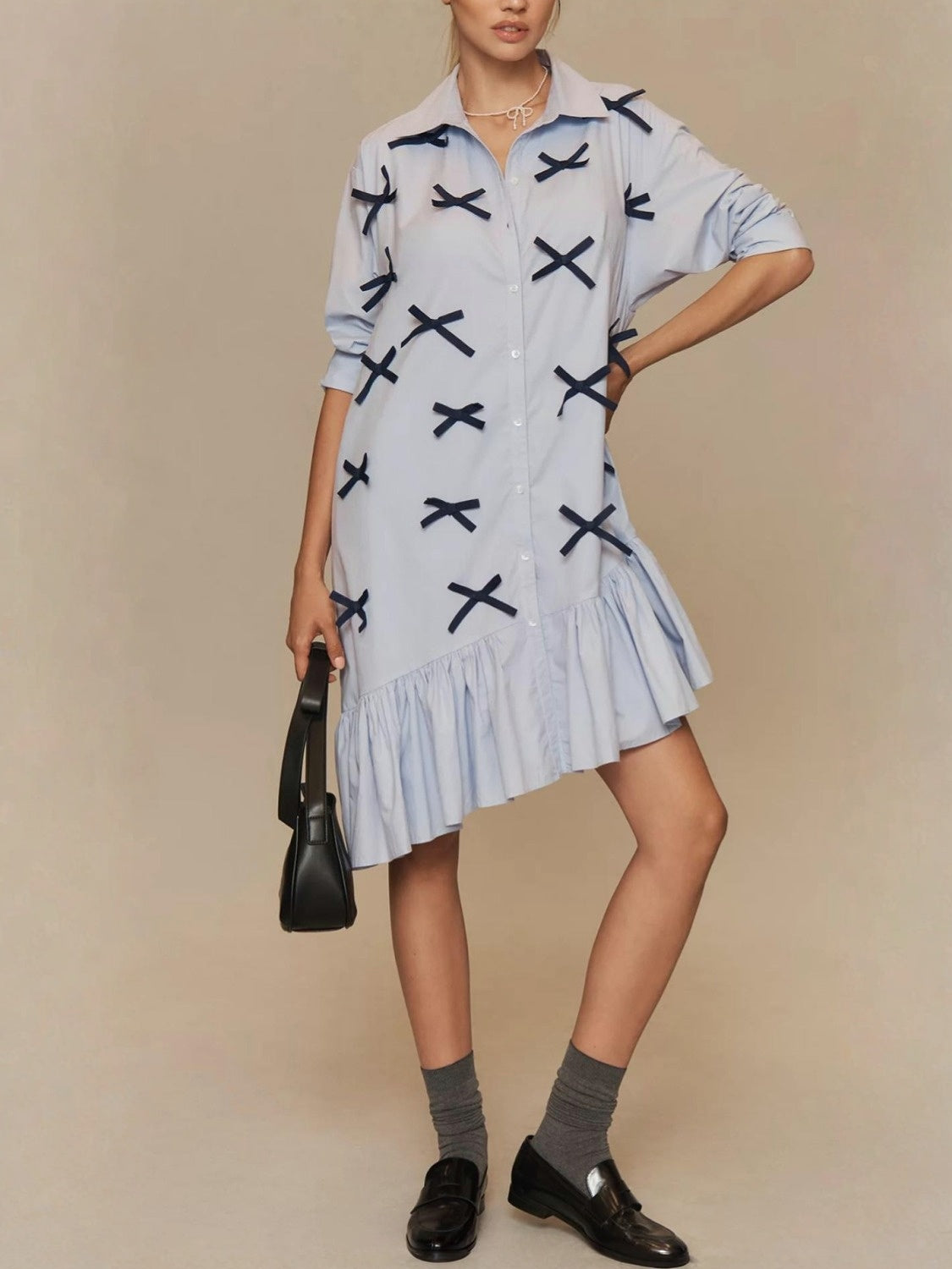 Ezapine Bow Tie Casual Collared Shirt Dress