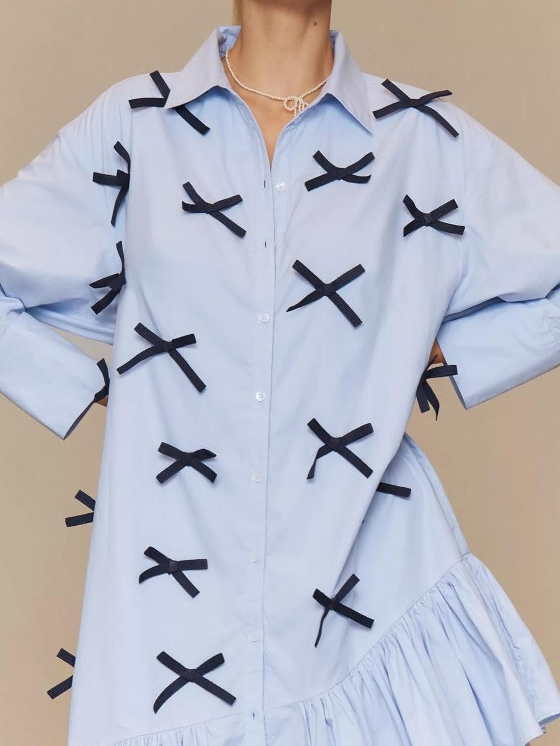 Ezapine Bow Tie Casual Collared Shirt Dress