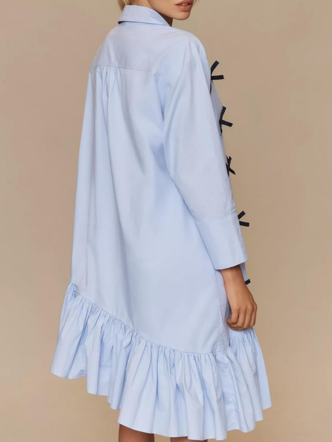 Ezapine Bow Tie Casual Collared Shirt Dress