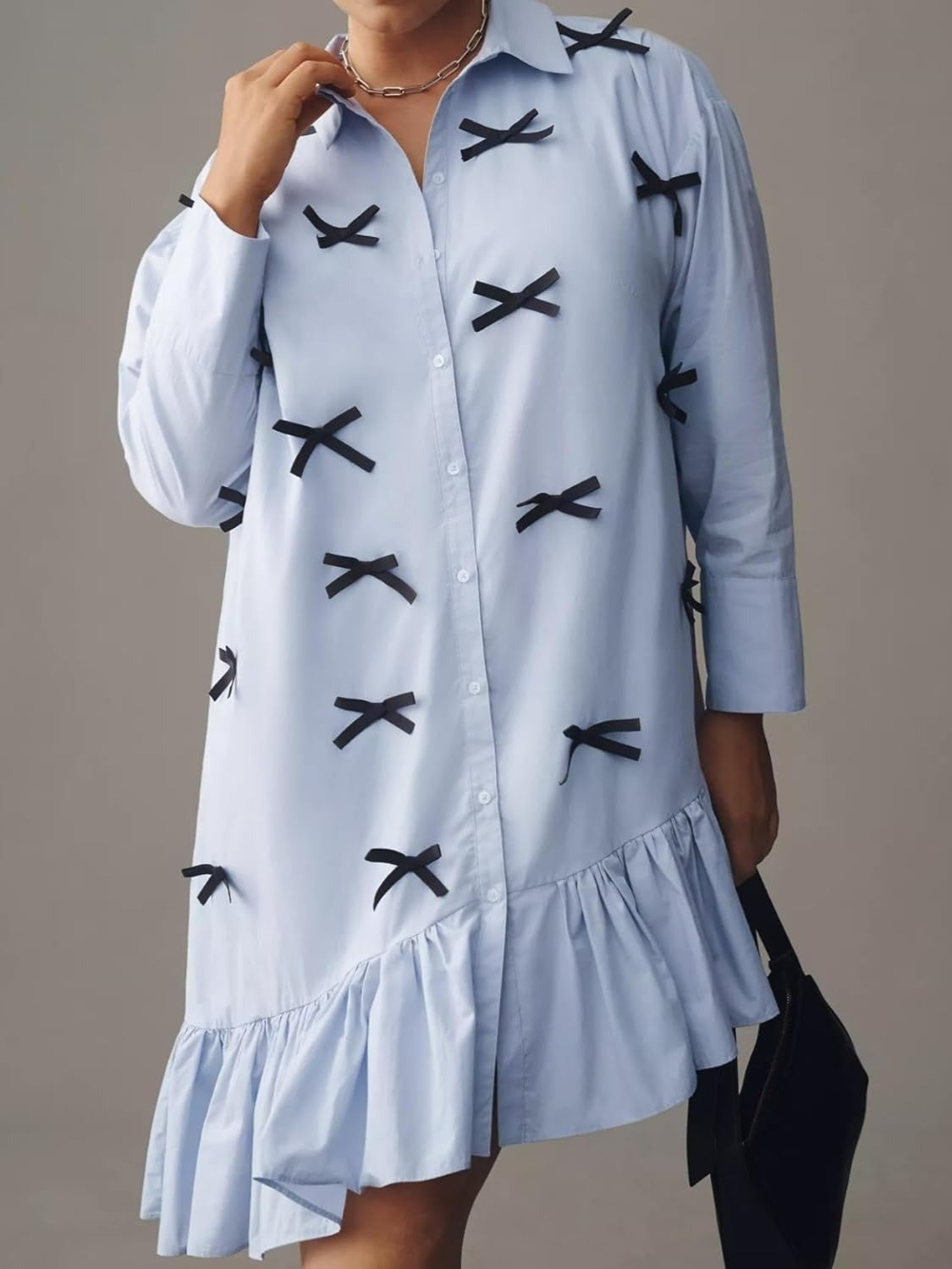 Ezapine Bow Tie Casual Collared Shirt Dress
