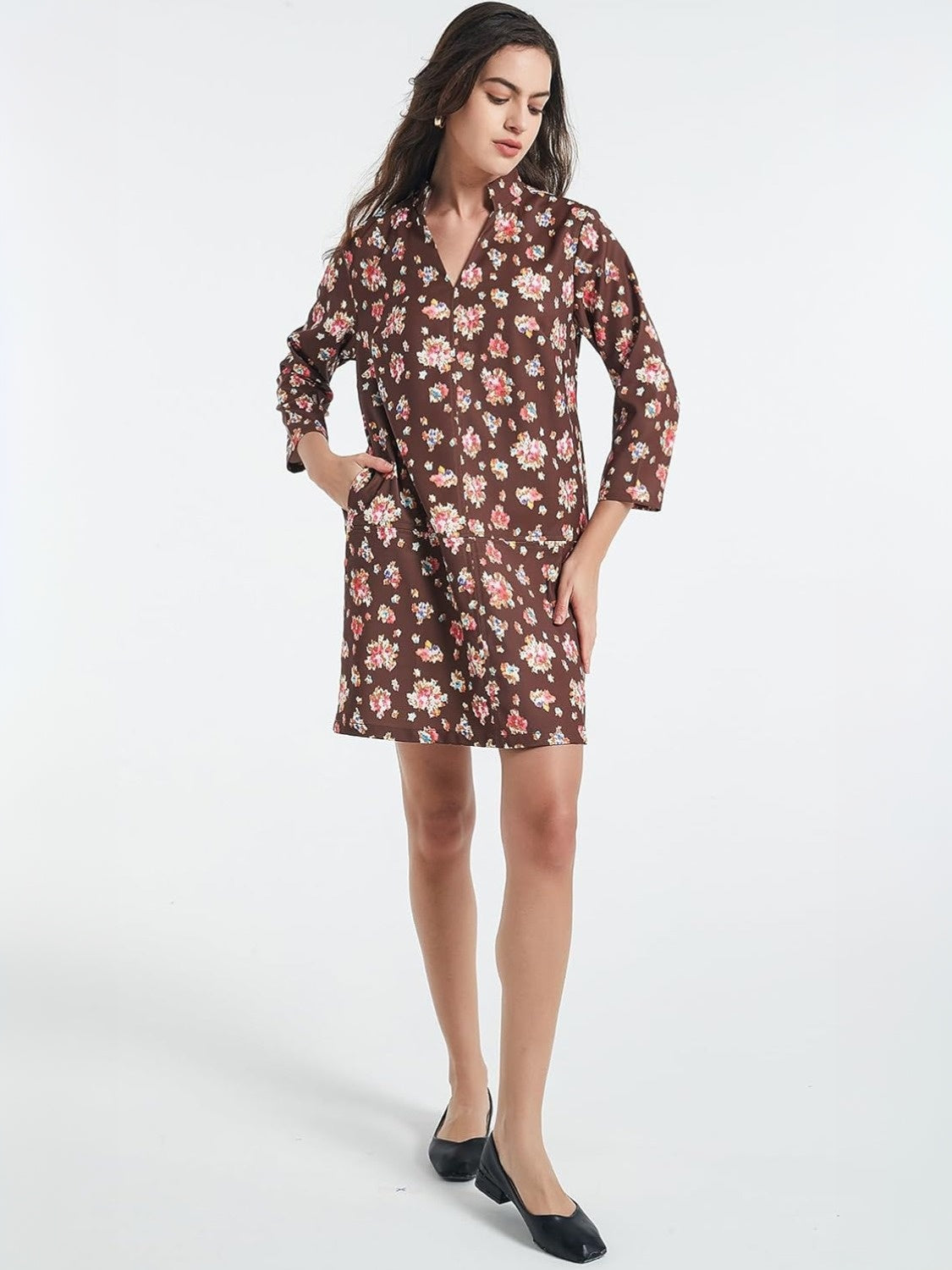 D-Sun Floral V Neck Mini Shirt Dress