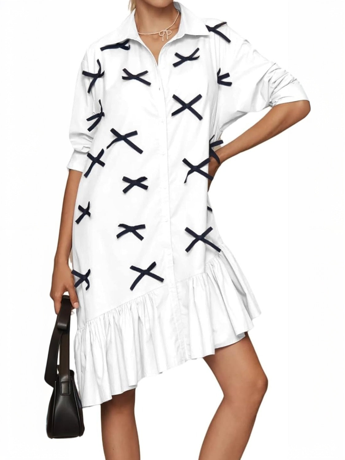 Ezapine Bow Tie Casual Collared Shirt Dress