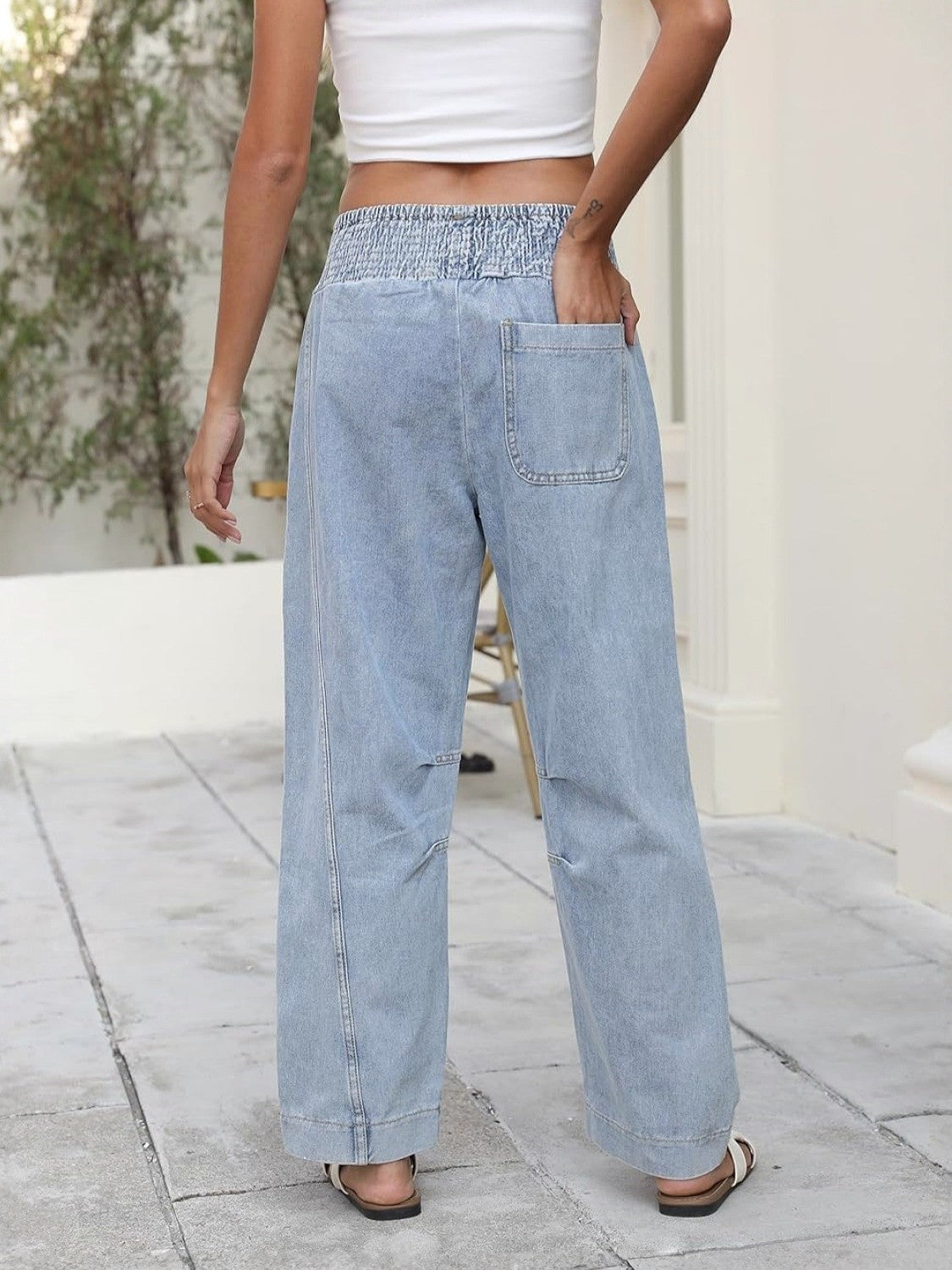 Ezapine Smocked Waist Wide Leg Jeans