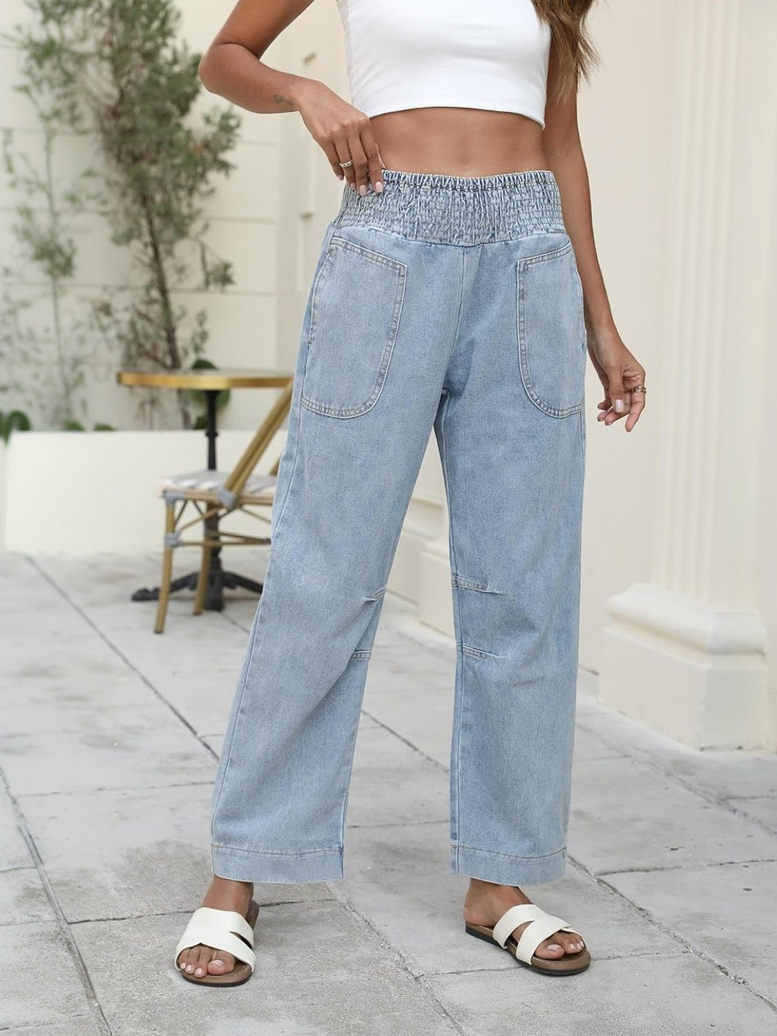 Ezapine Smocked Waist Wide Leg Jeans