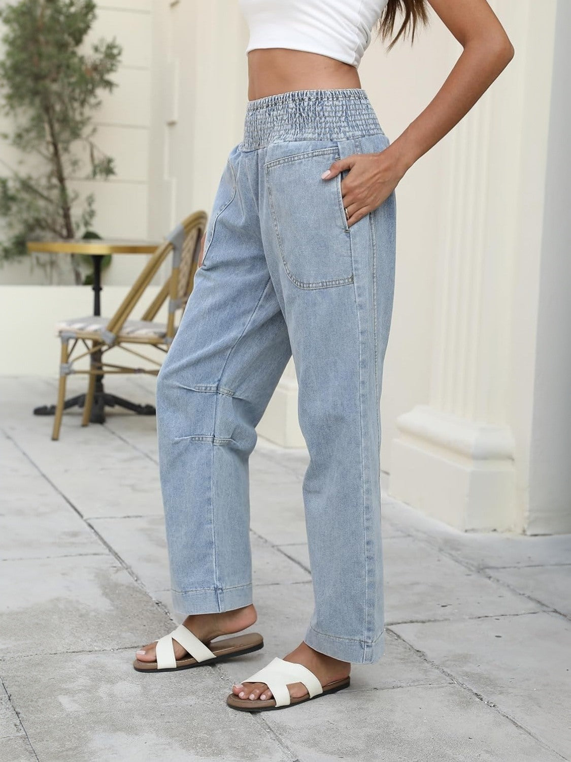 Ezapine Smocked Waist Wide Leg Jeans