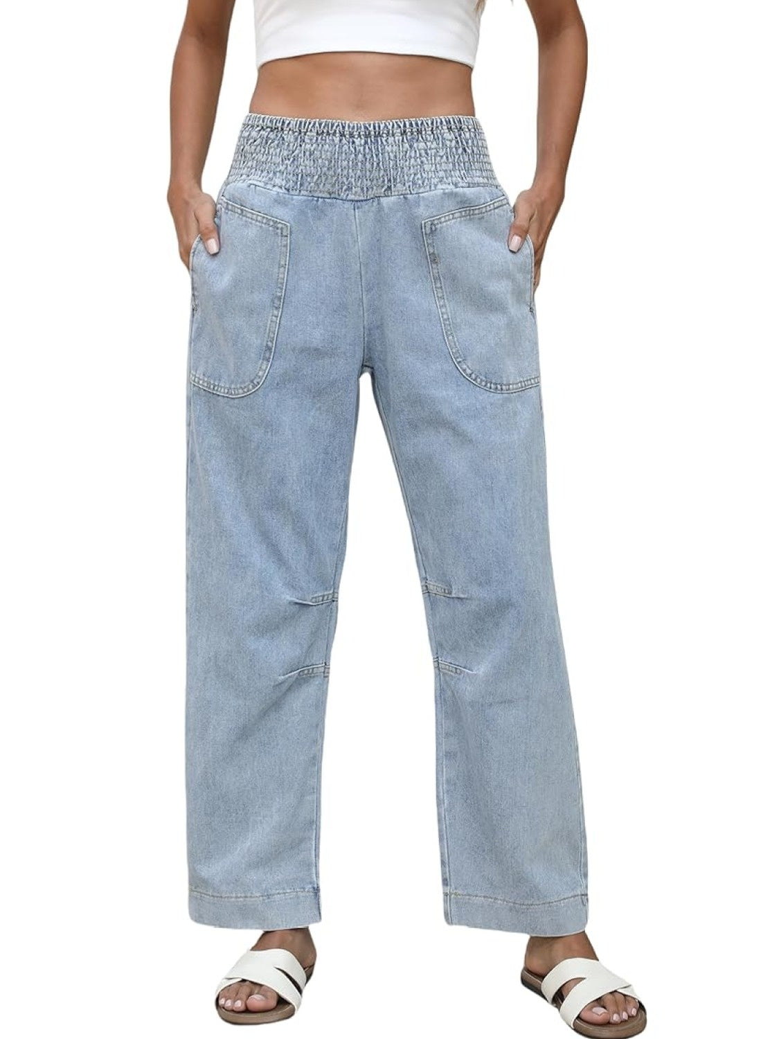 Ezapine Smocked Waist Wide Leg Jeans