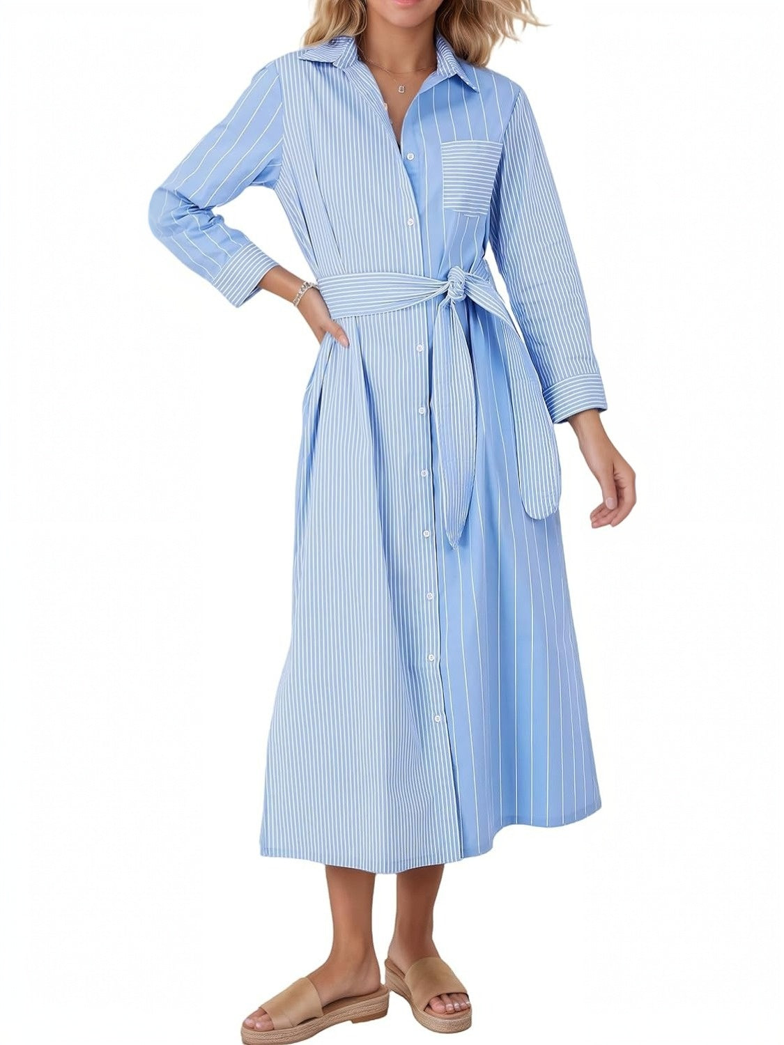 Kedera Long Sleeve Casual Split Shirt Dress
