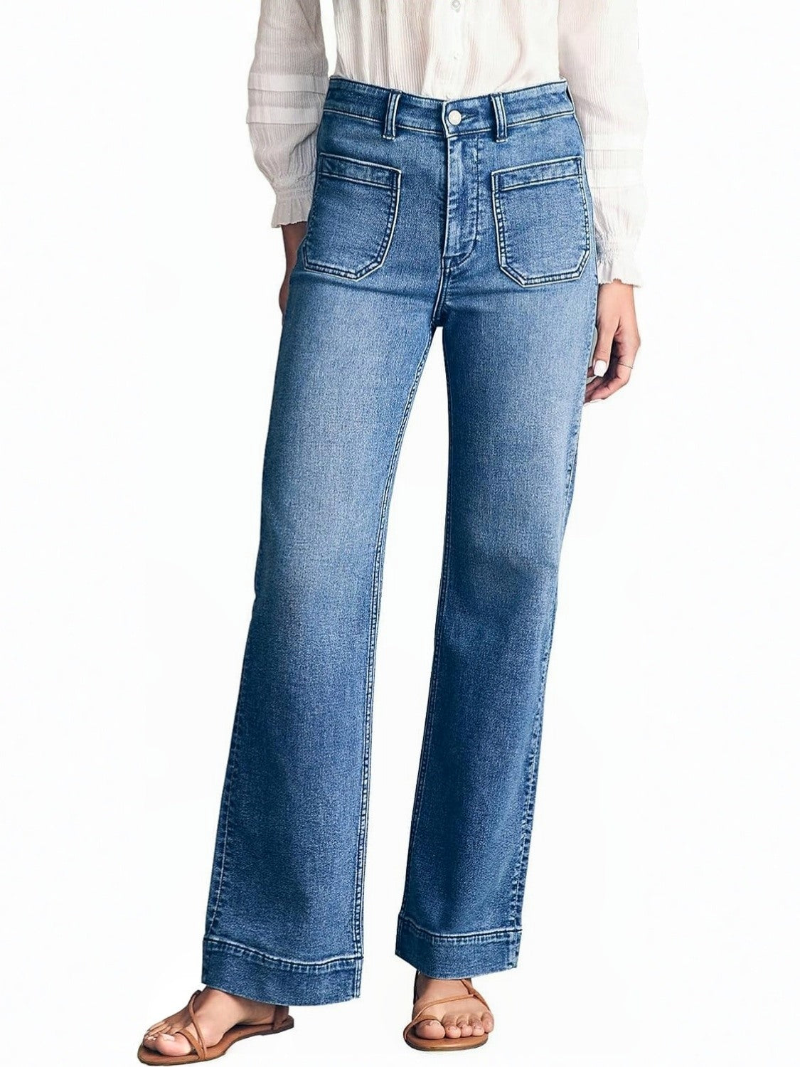 Yexpine Casual High Rise Straight Jeans With Patch Pockets