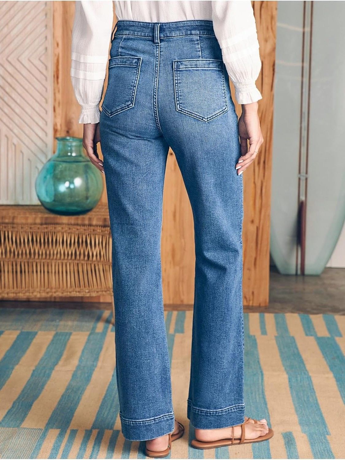 Yexpine Casual High Rise Straight Jeans With Patch Pockets