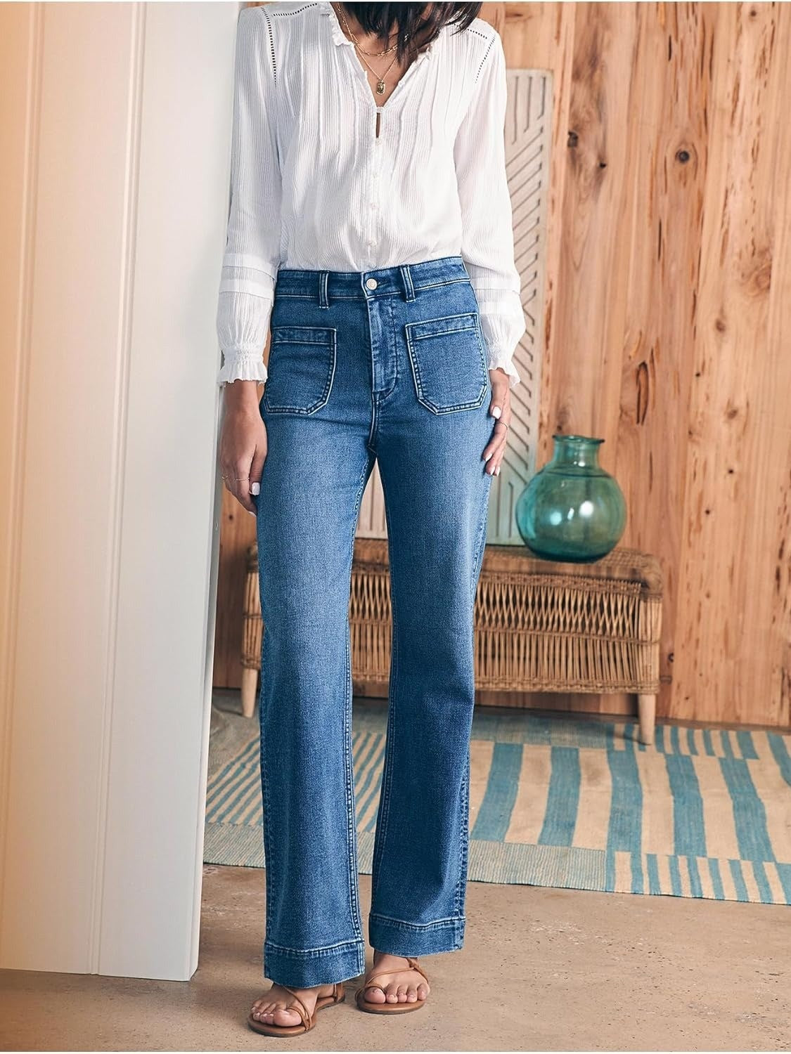 Yexpine Casual High Rise Straight Jeans With Patch Pockets