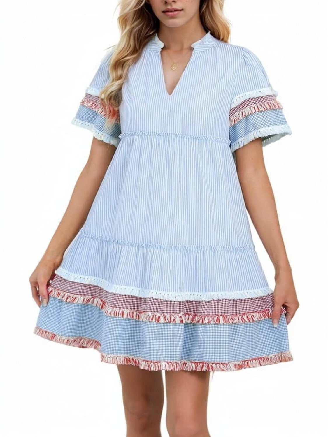 Ezapine Fringe Hem Flowy Striped Mini Dress