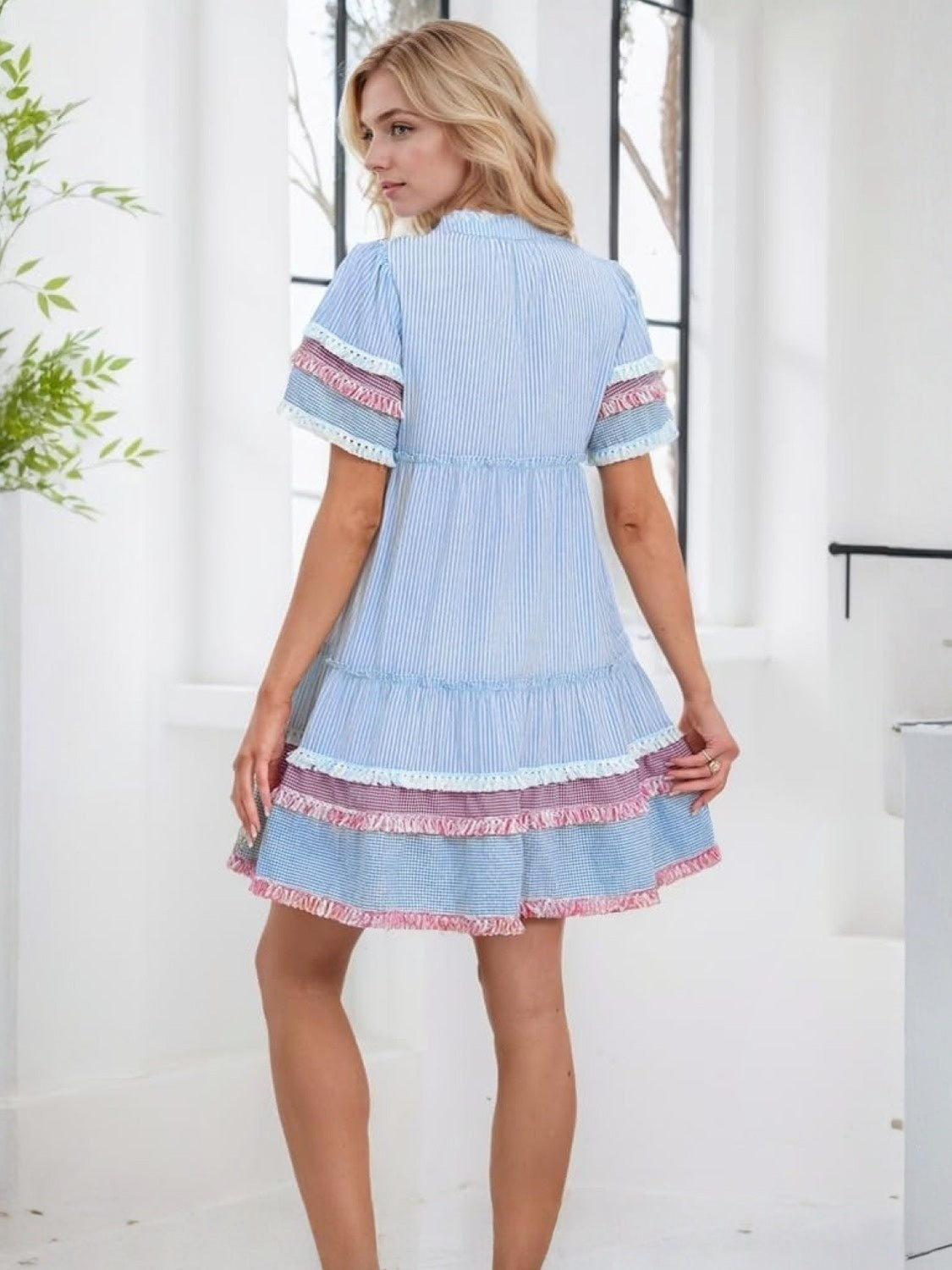Ezapine Fringe Hem Flowy Striped Mini Dress