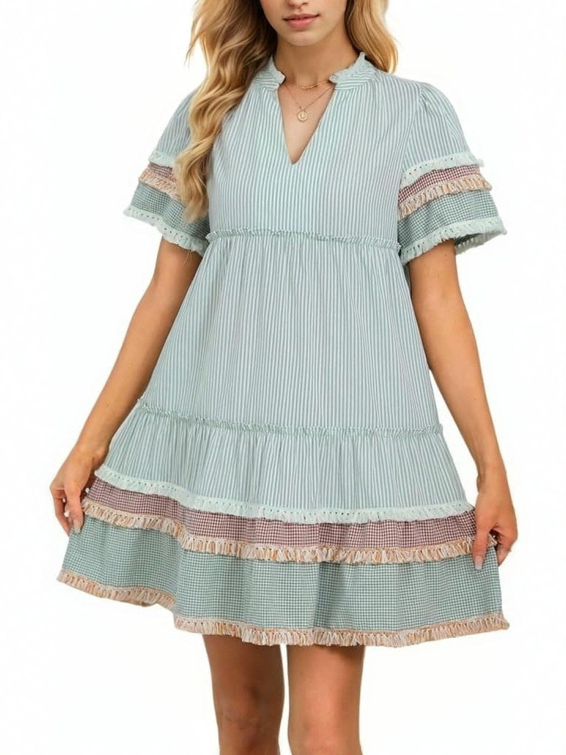 Ezapine Fringe Hem Flowy Striped Mini Dress