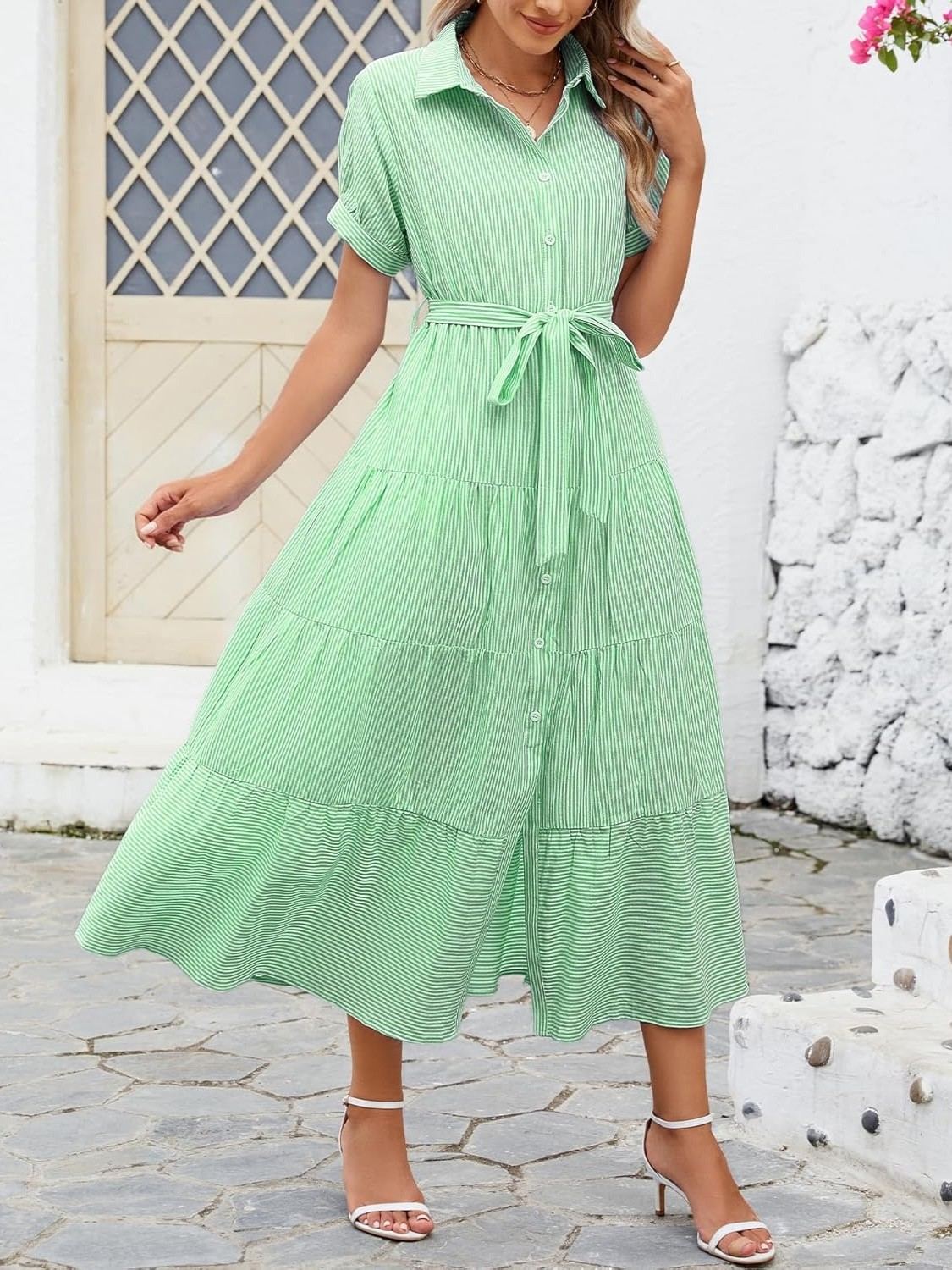 Ladyful Striped Babydoll Sundress With Belt