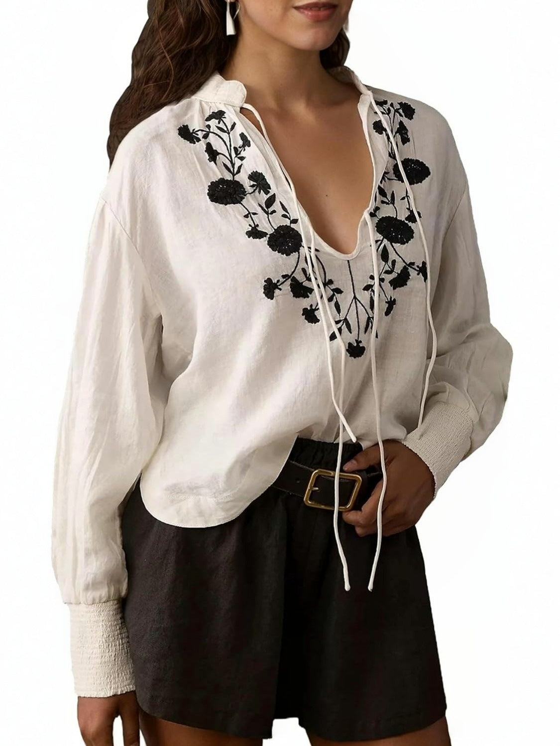 Kedera Floral Embroidered Boho Tie Front Blouse
