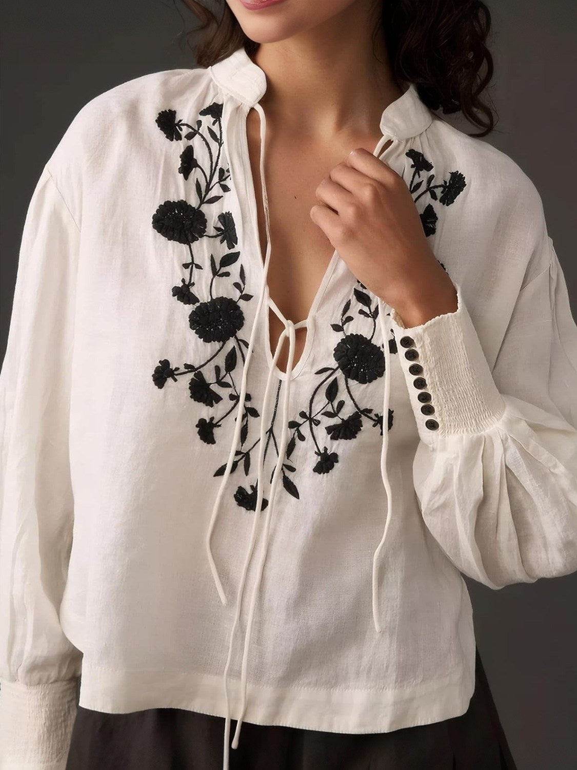 Kedera Floral Embroidered Boho Tie Front Blouse
