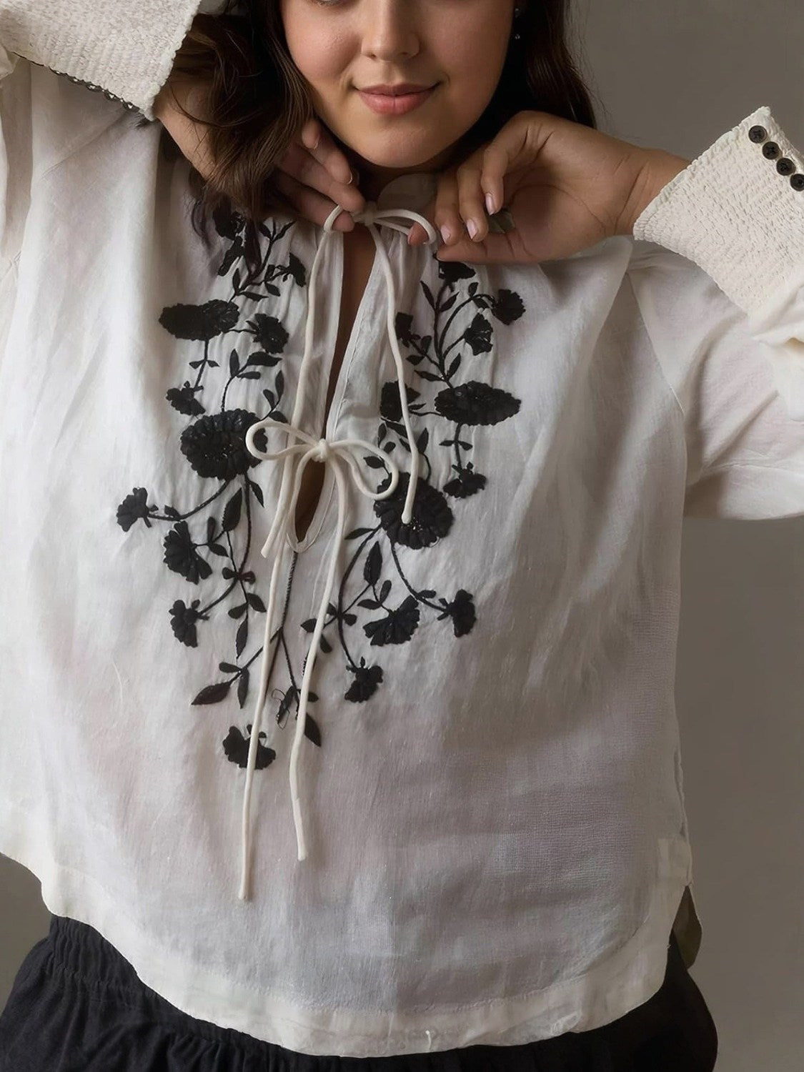 Kedera Floral Embroidered Boho Tie Front Blouse