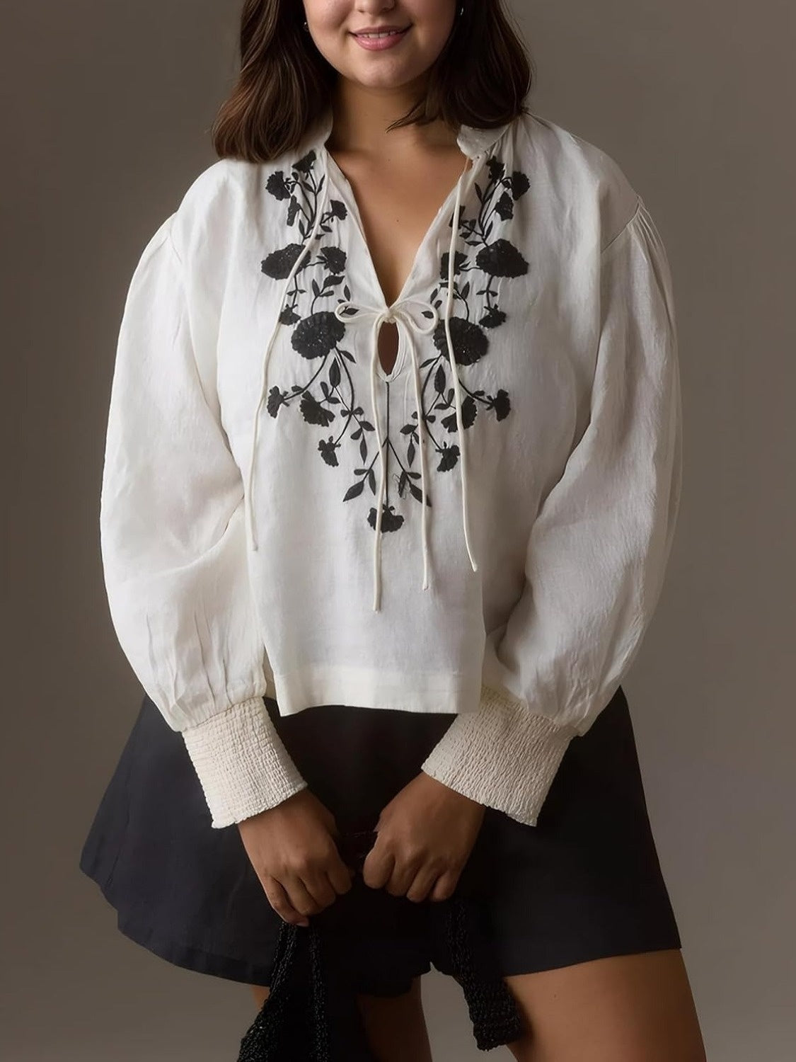 Kedera Floral Embroidered Boho Tie Front Blouse