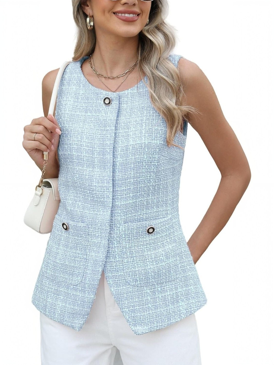 Kedera Chic Sleeveless Tweed Blazer Vest