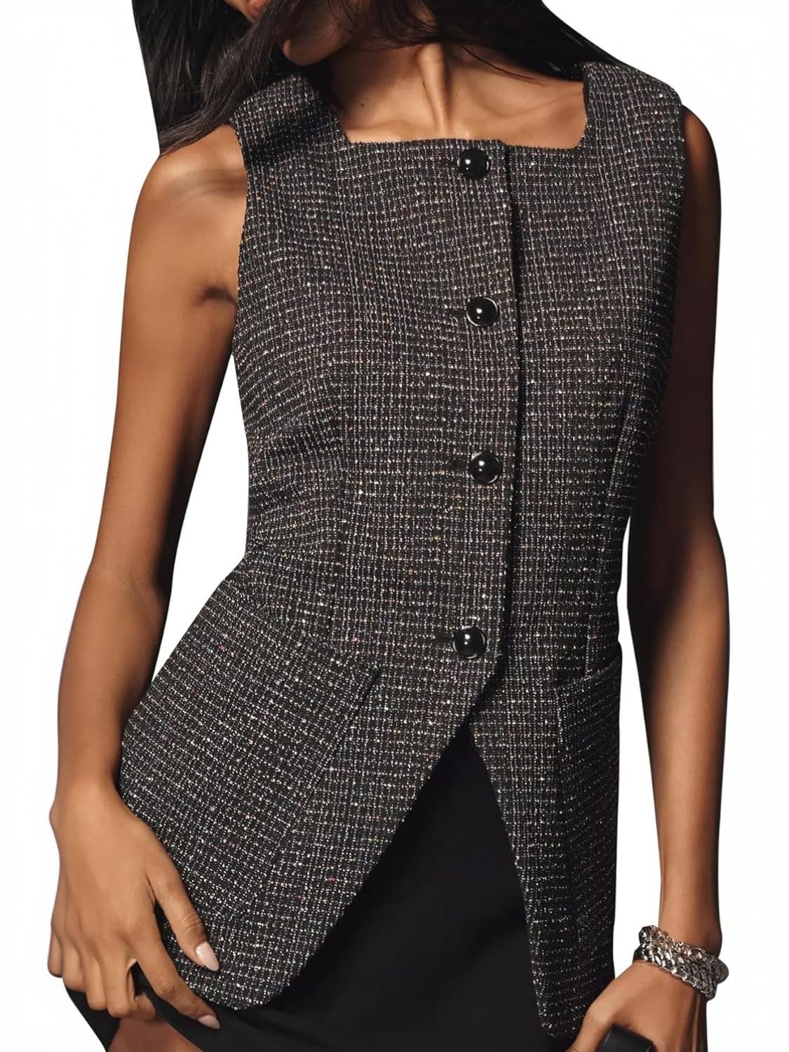 LifeShe Square Neck Tweed Vest