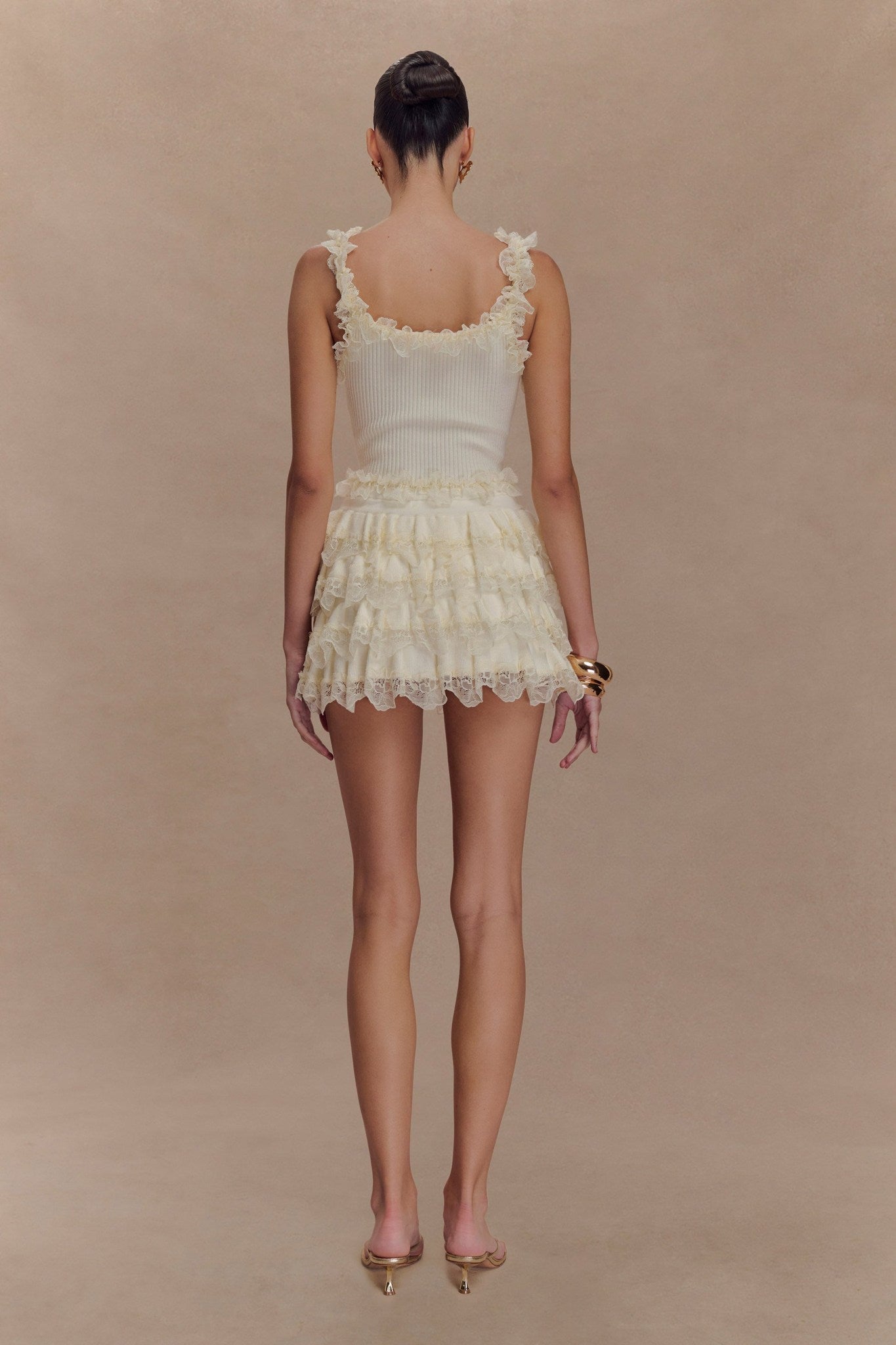 Ezabutus Romantic Ruffle Lace Trim Two-Piece Set – Knit Cami Top & Mini Skort