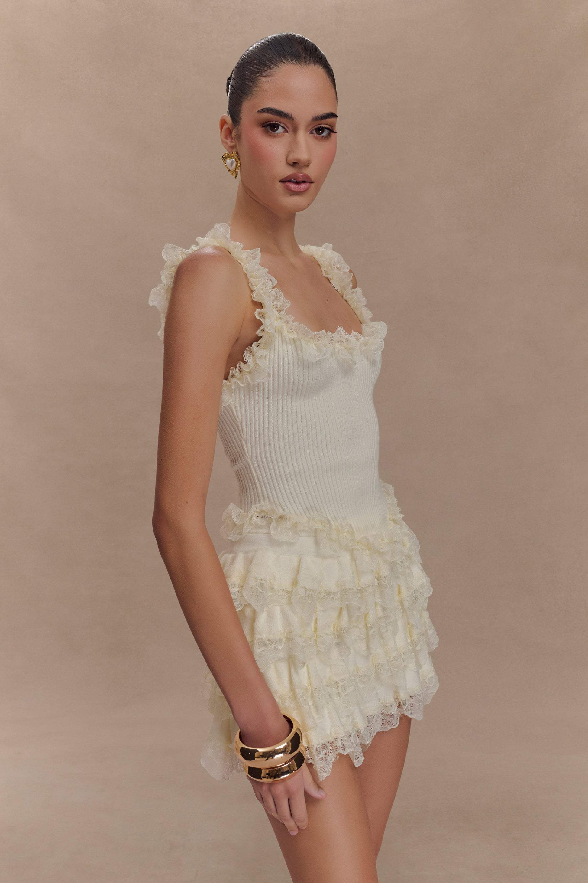 Ezabutus Romantic Ruffle Lace Trim Two-Piece Set – Knit Cami Top & Mini Skort