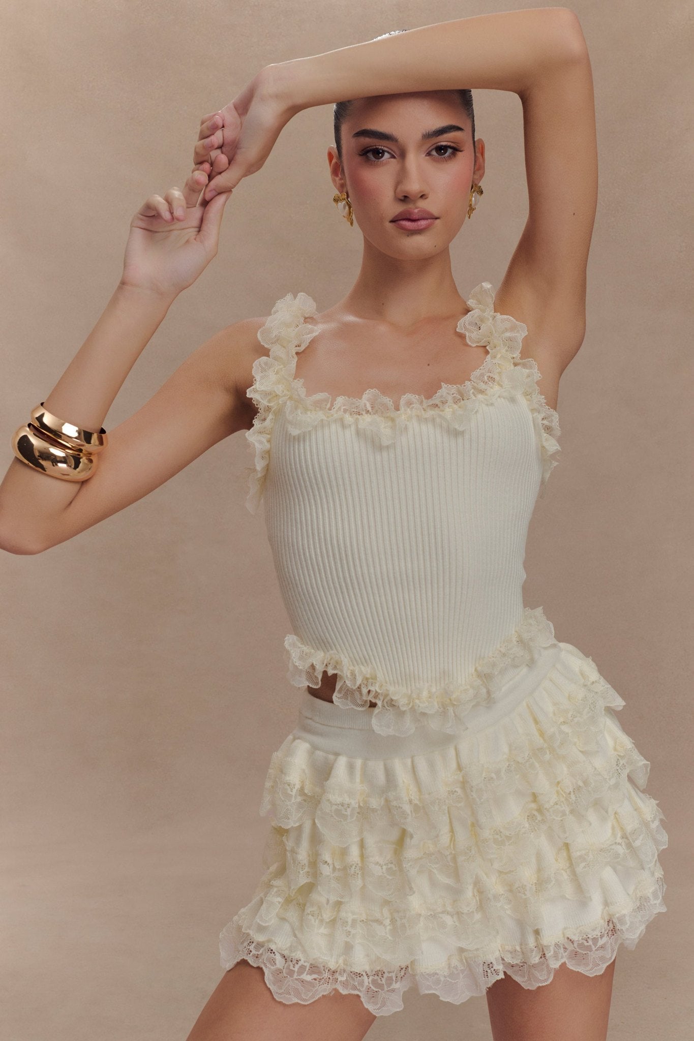 Ezabutus Romantic Ruffle Lace Trim Two-Piece Set – Knit Cami Top & Mini Skort