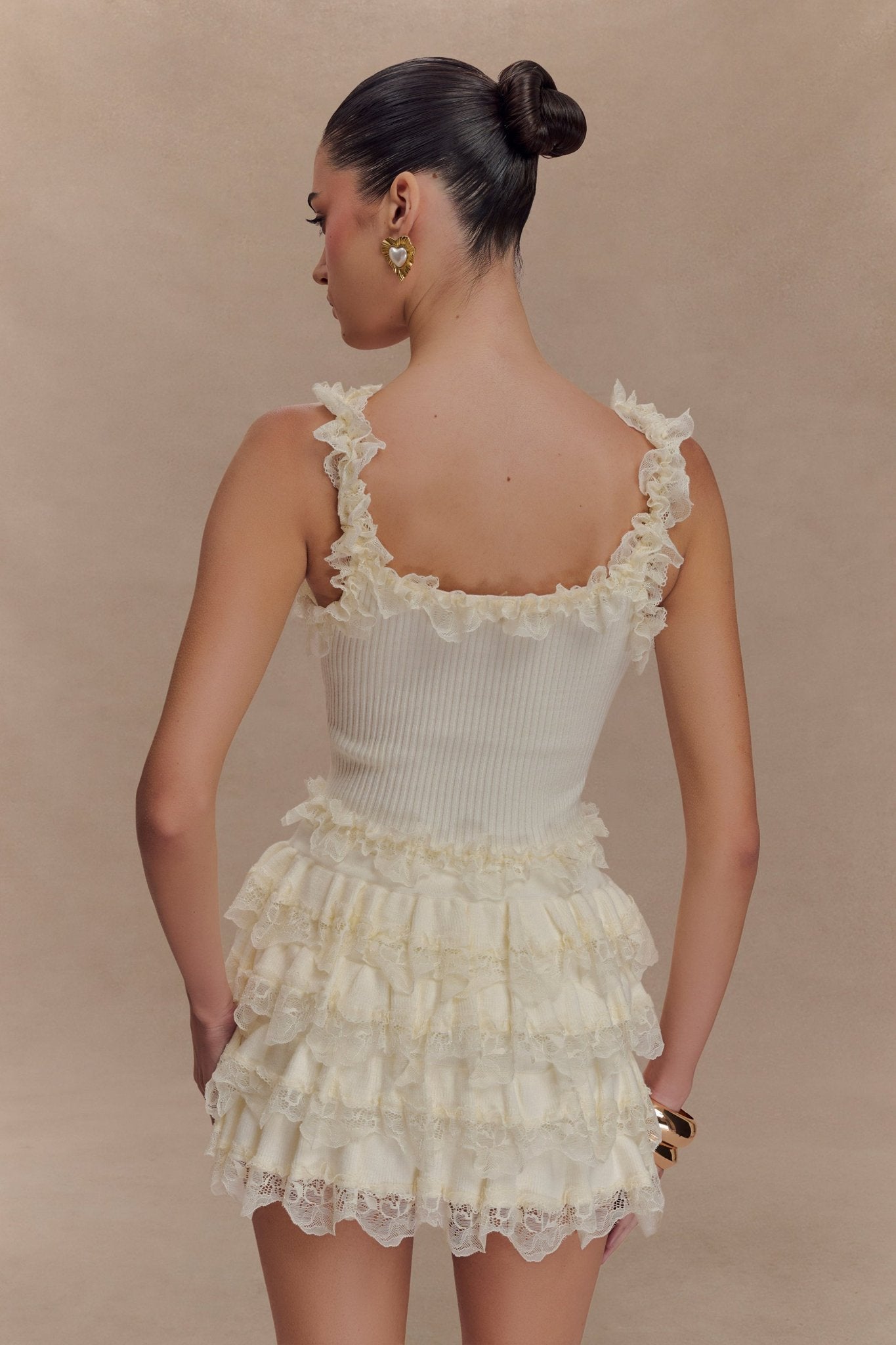 Ezabutus Romantic Ruffle Lace Trim Two-Piece Set – Knit Cami Top & Mini Skort
