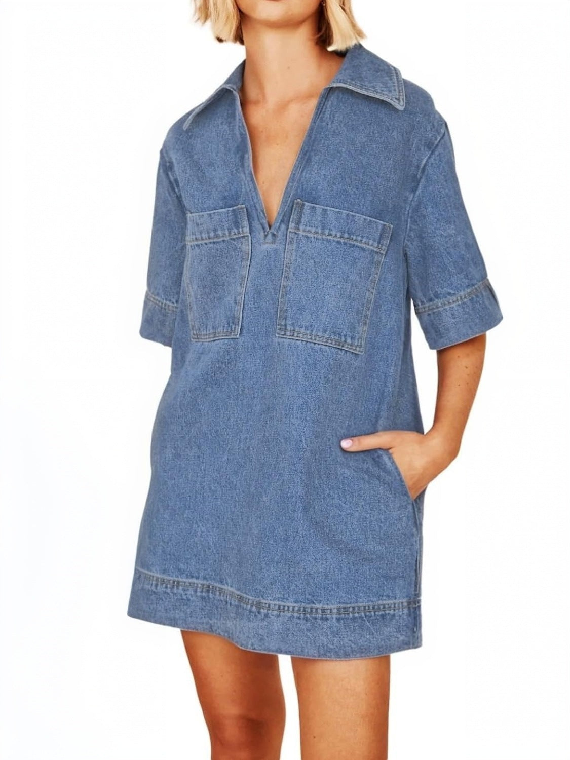 Ezapine Casual Loose Fit V-Neck Denim Dress