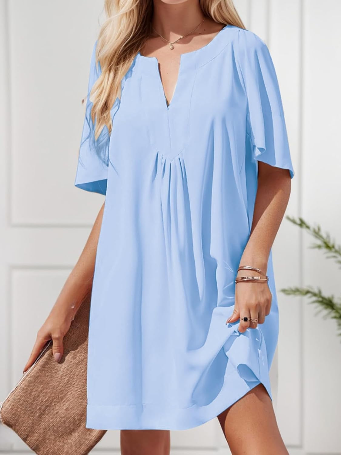 Kedera Loose Fit Flutter Sleeve V Neck Mini Dress
