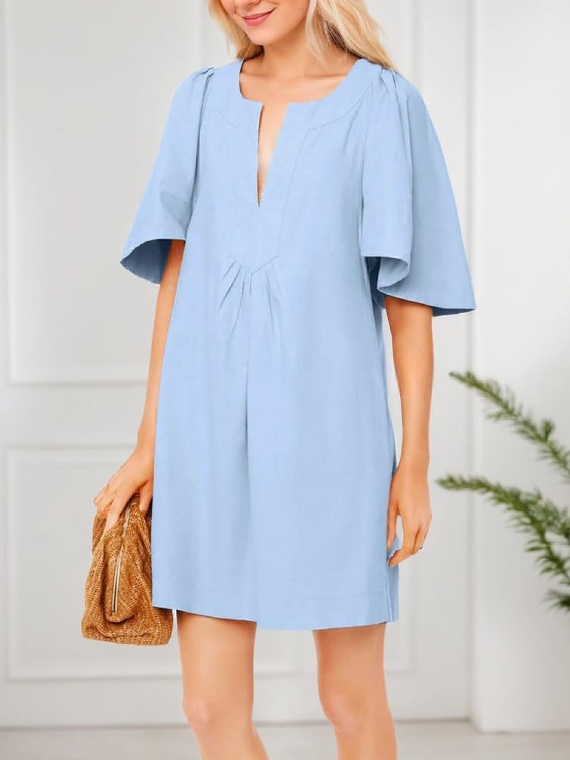 Kedera Loose Fit Flutter Sleeve V Neck Mini Dress