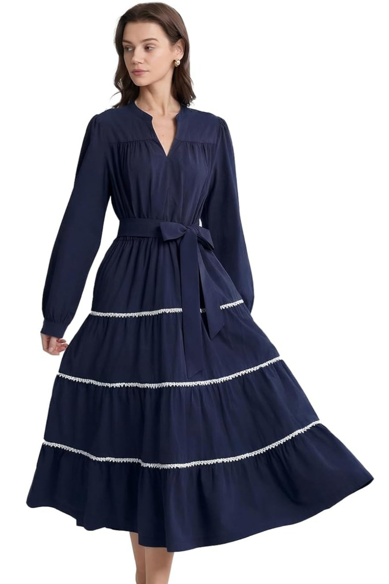 Dsun Effortless V Neck Tiered Maxi Dress With Contrast Trim And Waist Tie